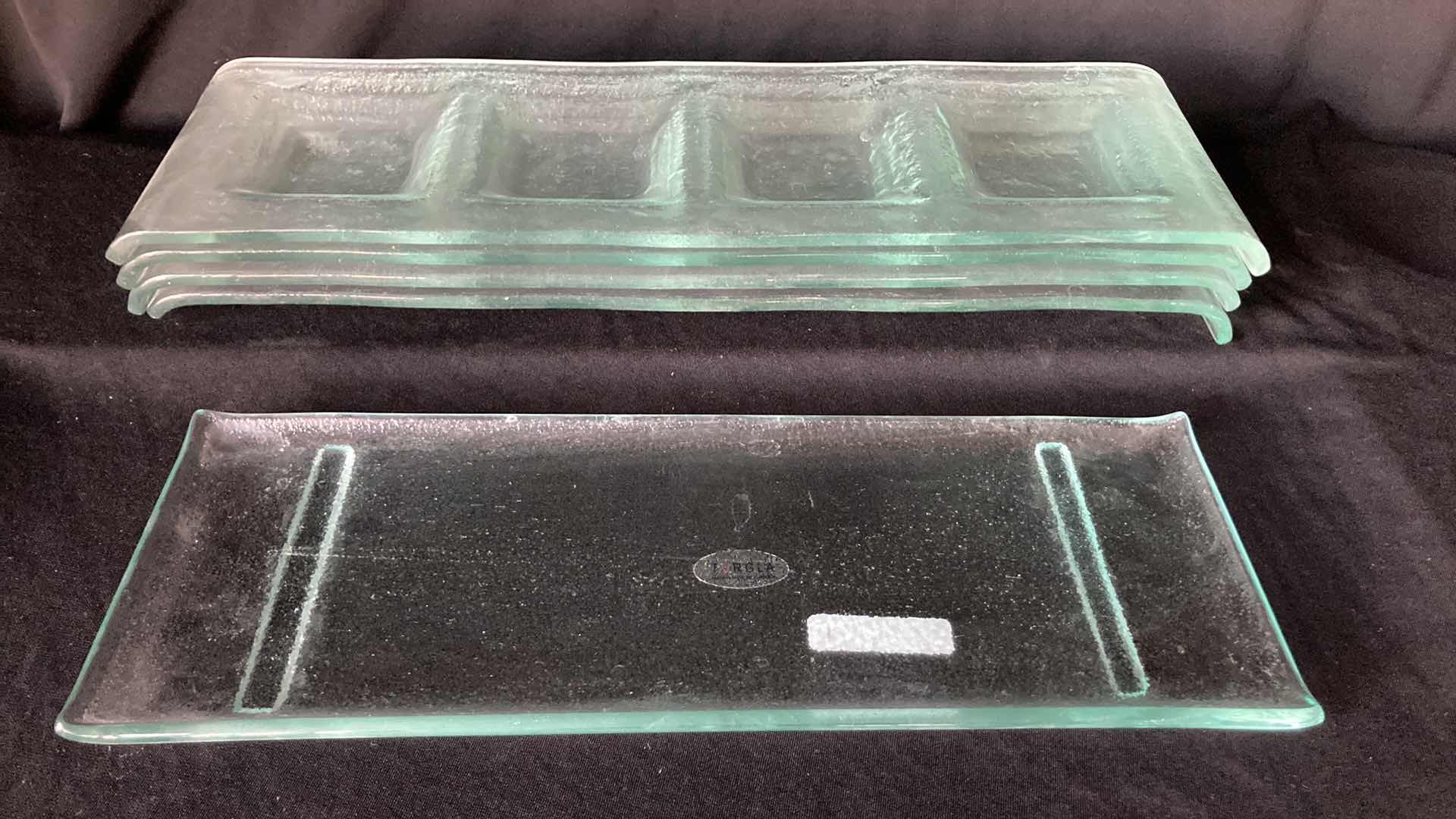 Photo 2 of TURGLA TEMPERED GLASS TRAY W TEMPERED GLASS PORTION TRAYS (4) 16.5” X 5”