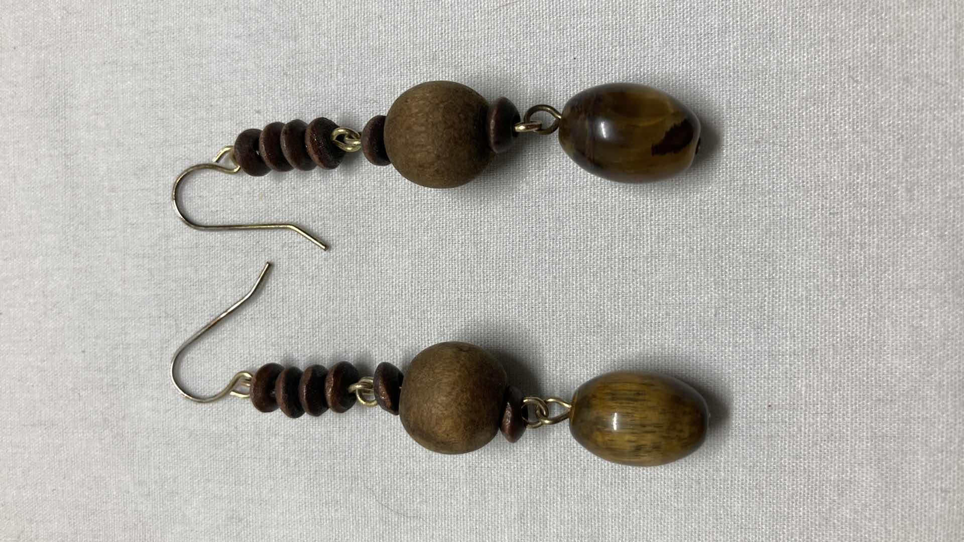 Photo 2 of TIGER EYE & WOOD BEADED EARRINGS 0.25” X 2.5”