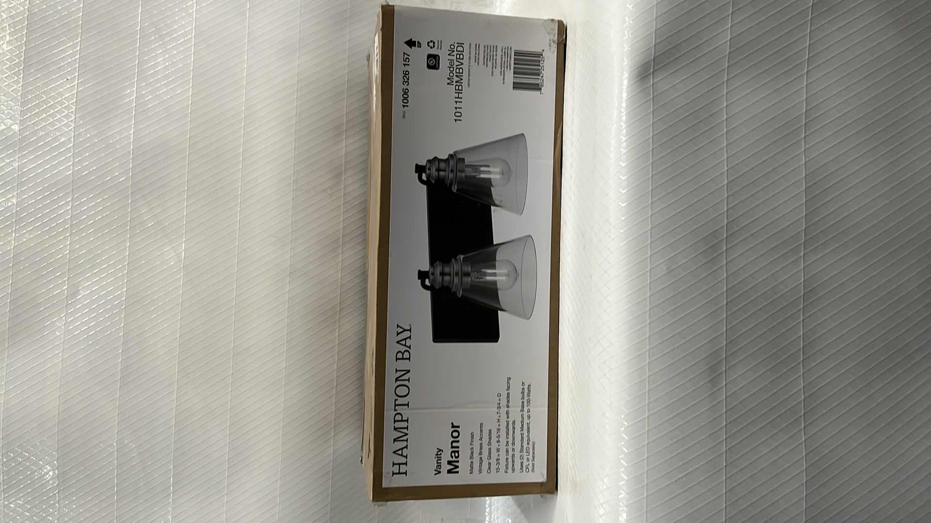 Photo 1 of NIB HAMPTON BAY 2-LIGHT VANITY MANOR, MATT BLACK FINISH W VINTAGE BRASS ACCENTS & CLEAR GLASS SHADES (#1006 326 157)