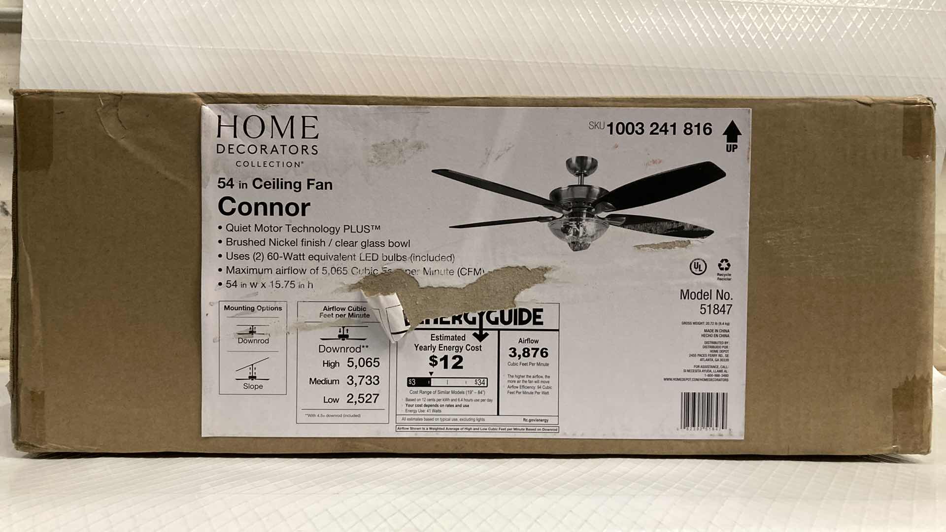 Photo 1 of HOME DECORATORS CONNOR BRUSHED NICKEL FINISH 54” CEILING FAN MODEL 51847