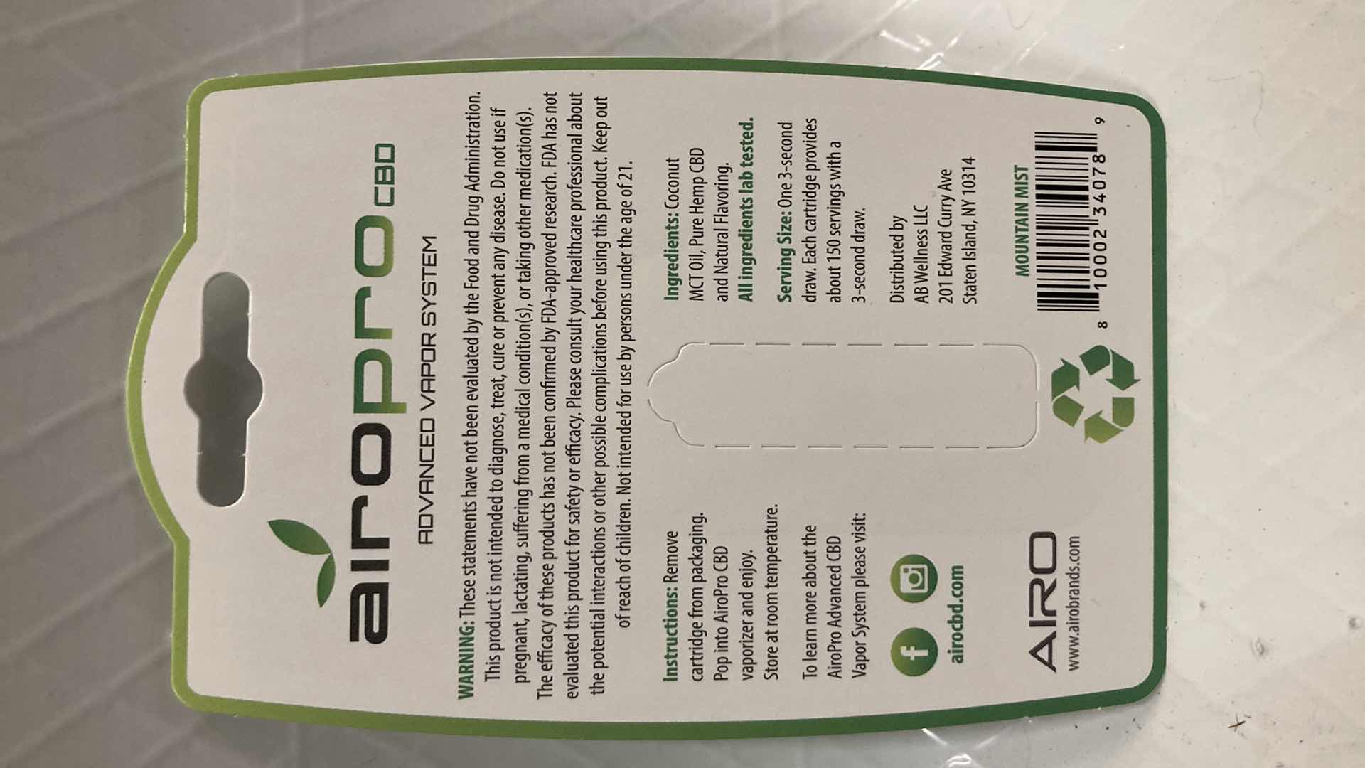 Photo 4 of NEW AIROPRO 200MG CBD OIL CARTRIDGE MOUNTAIN MIST FLAVOR (100)