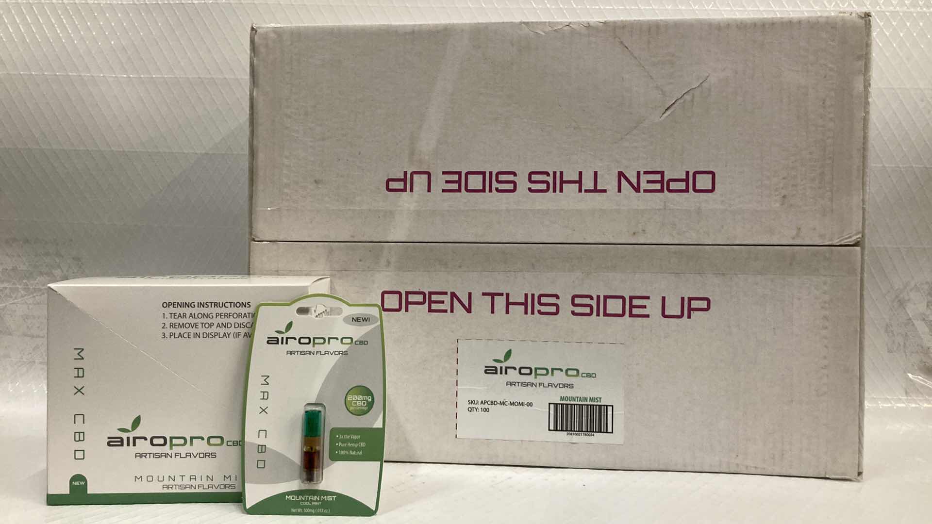 Photo 1 of NEW AIROPRO 200MG CBD OIL CARTRIDGE MOUNTAIN MIST FLAVOR (100)