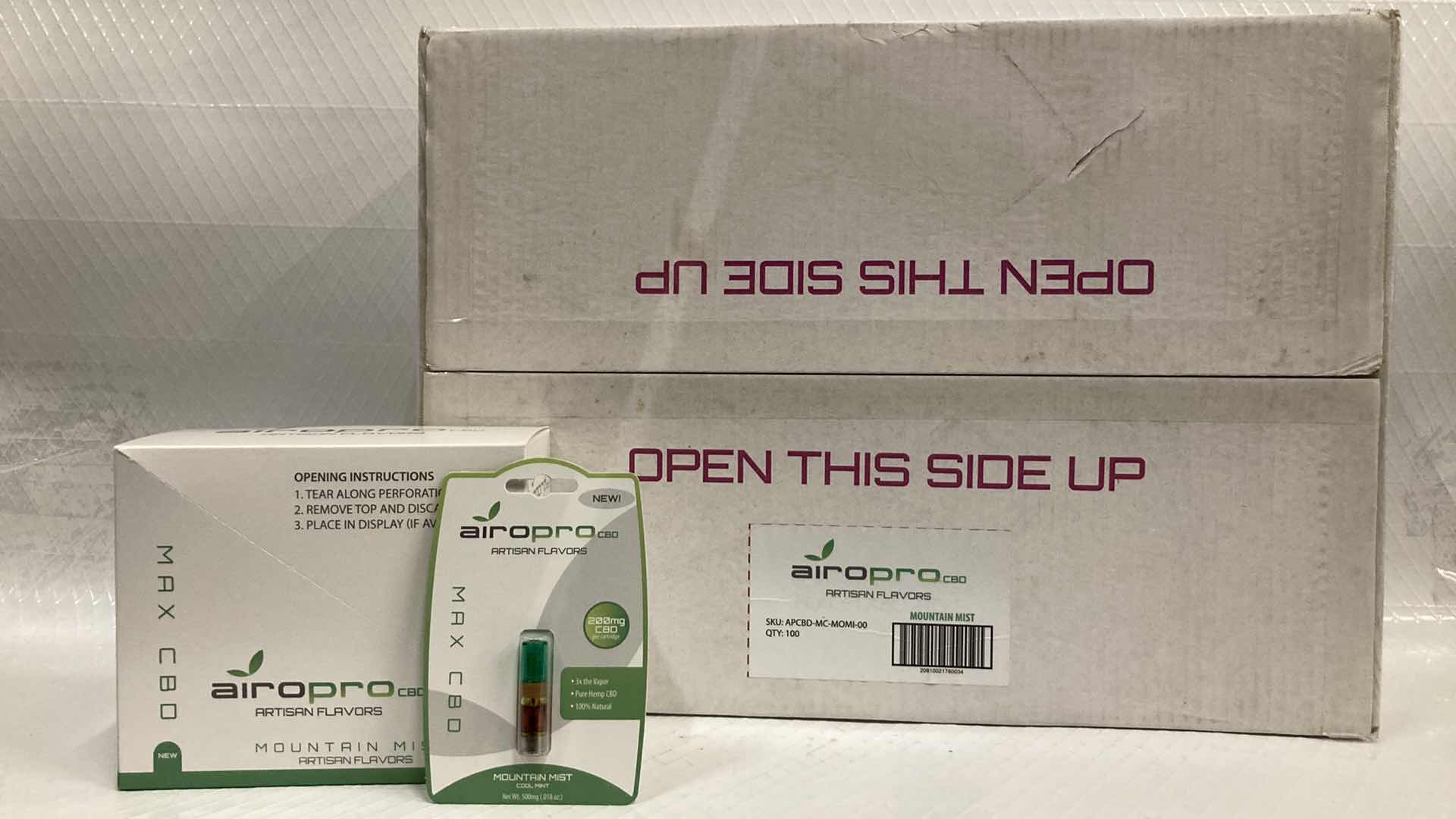 Photo 1 of NEW AIROPRO 200MG CBD OIL CARTRIDGE MOUNTAIN MIST FLAVOR (100)