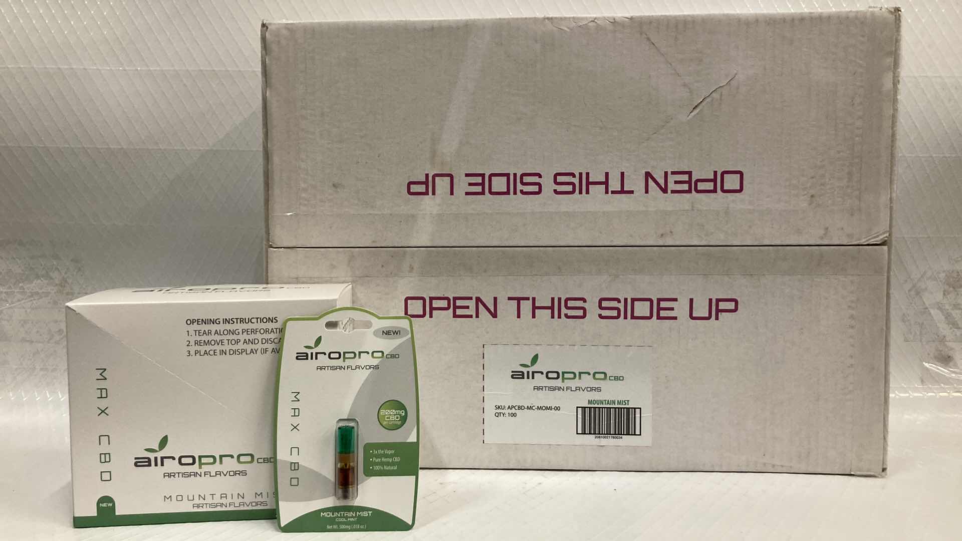 Photo 1 of NEW AIROPRO 200MG CBD OIL CARTRIDGE MOUNTAIN MIST FLAVOR (100)