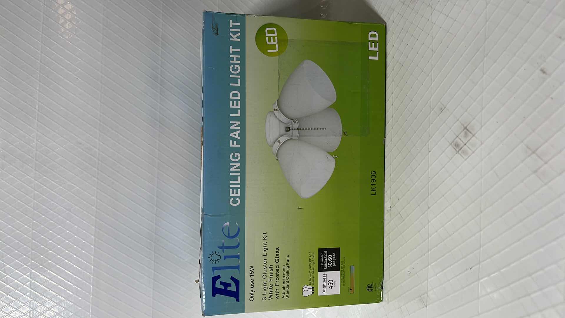 Photo 1 of NEW ELITE CEILING FAN LED LIGHT KIT, 3-LIGHT CLUSTER, WHITE FINISH W FROSTED GLASS (LK1906)