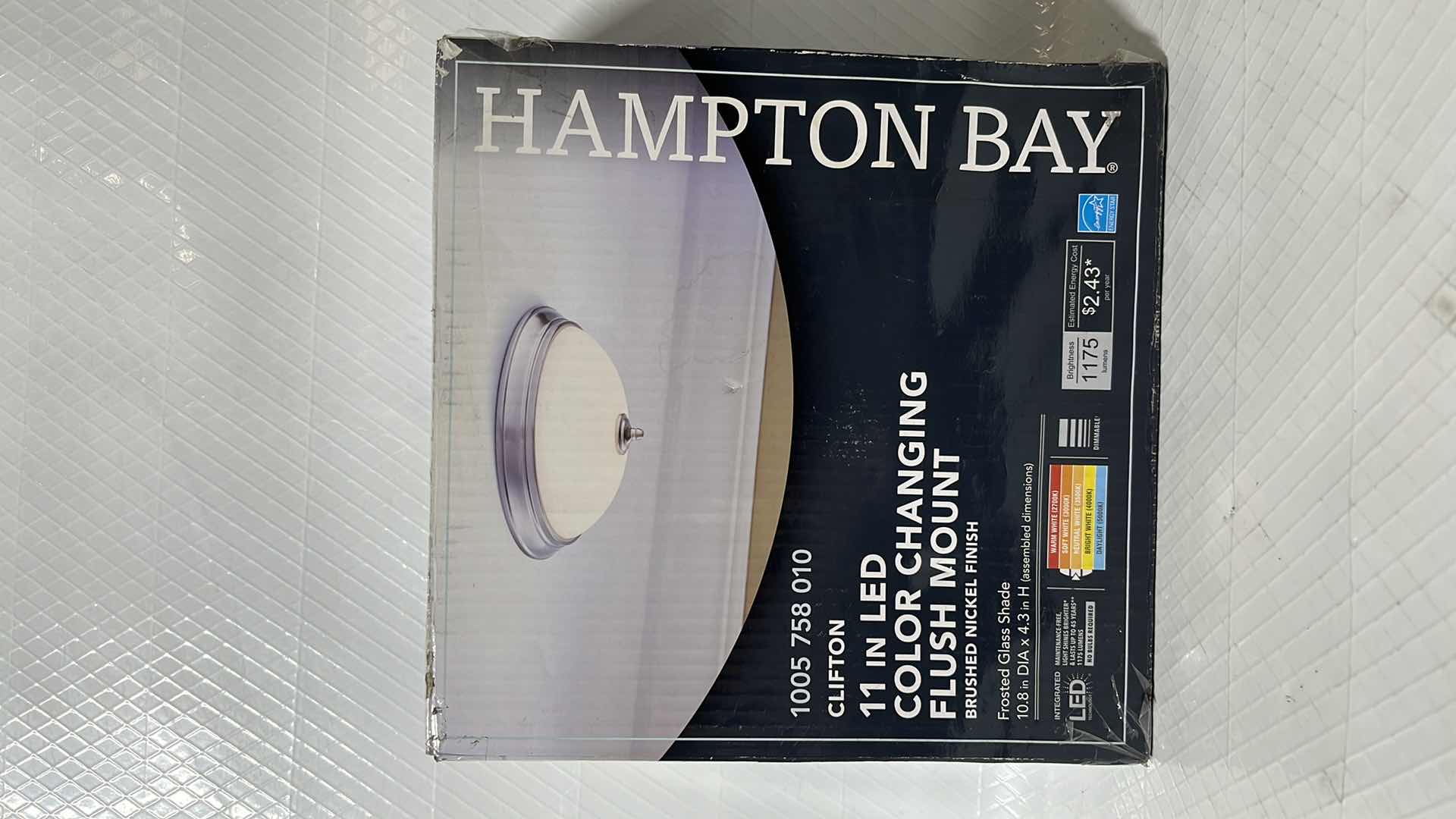 Photo 1 of NEW HAMPTON BAY CLIFTON 11” LED COLOR CHANGING FLUSH MOUNT, BRUSHED NICKEL FINISH/FROSTED GLASS SHADE (1005 758 010)