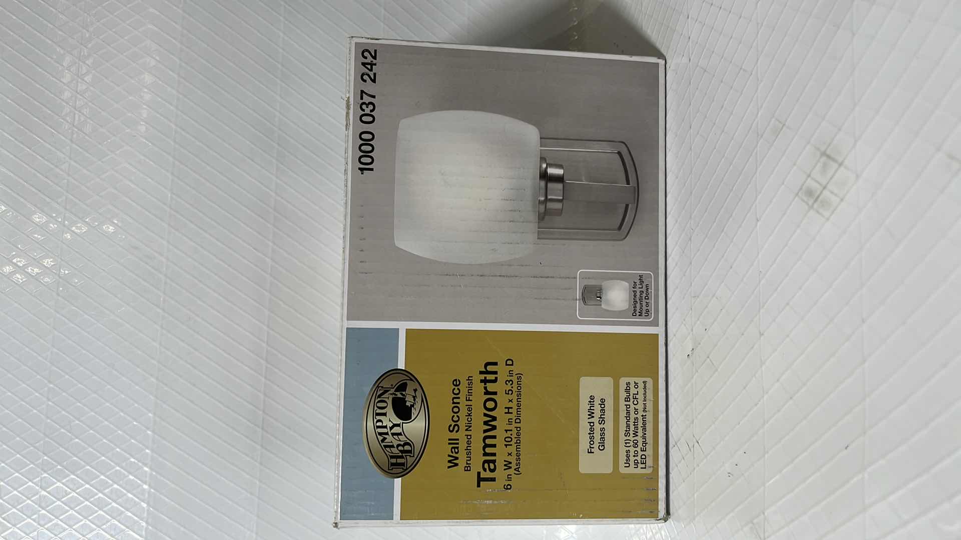 Photo 1 of NEW HAMPTON BAY TAMWORTH WALL SCONCE, BRUSHED NICKEL FINISH/FROSTED WHITE GLASS SHADE (1000 037 242)