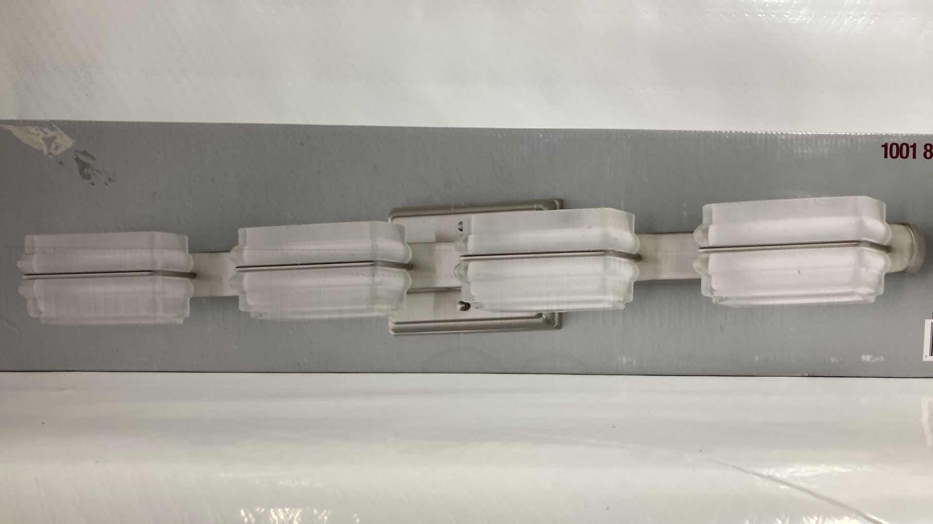 Photo 2 of NEW HOME DECORATORS SALTARELL BRUSHED NICKEL FINISH ETCHED GLASS LED 4 LIGHT VANITY FIXTURE MODEL 1001844652