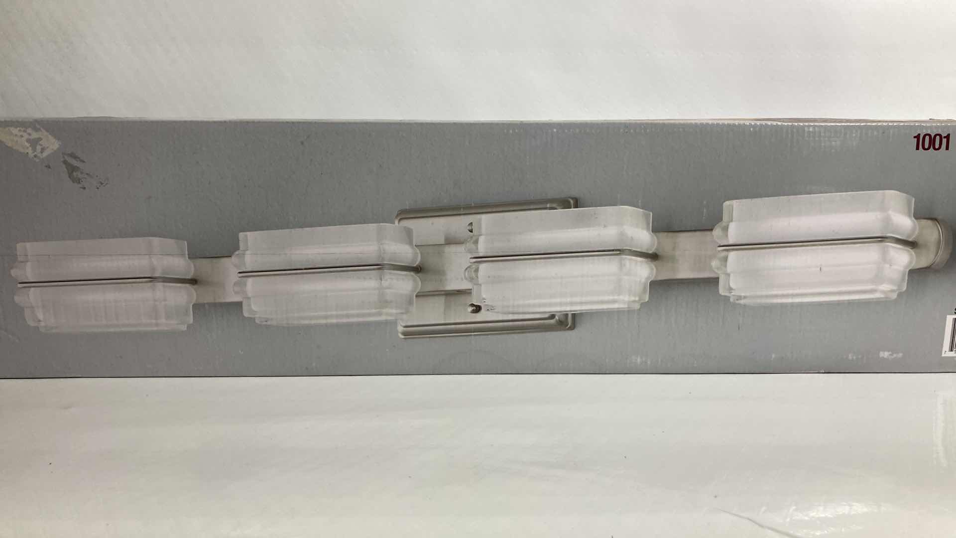 Photo 2 of NEW HOME DECORATORS SALTARELL BRUSHED NICKEL FINISH ETCHED GLASS LED 4 LIGHT VANITY FIXTURE MODEL 1001844652