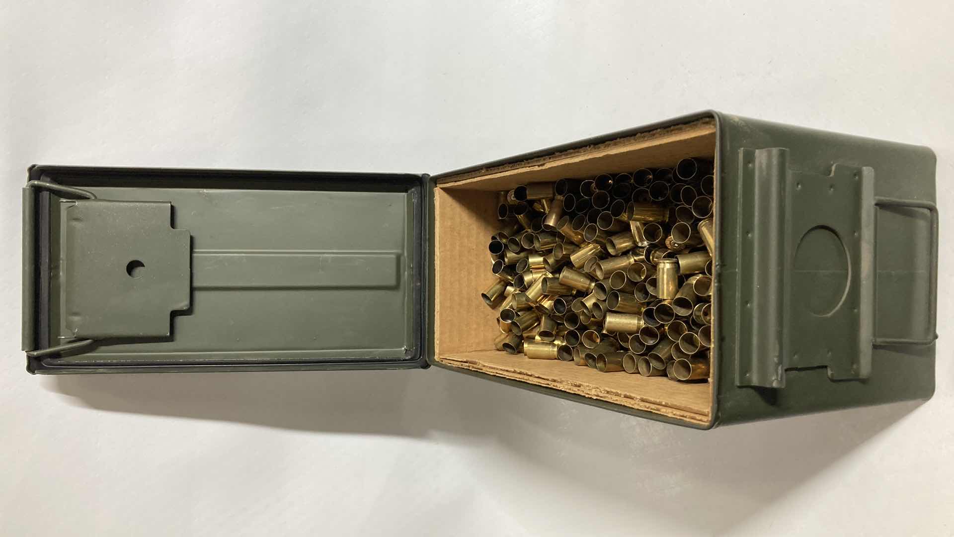 Photo 1 of STEEL AMMO STORAGE BOX W 45CAL SPENT BRASS CASINGS 6” X 12” H7”