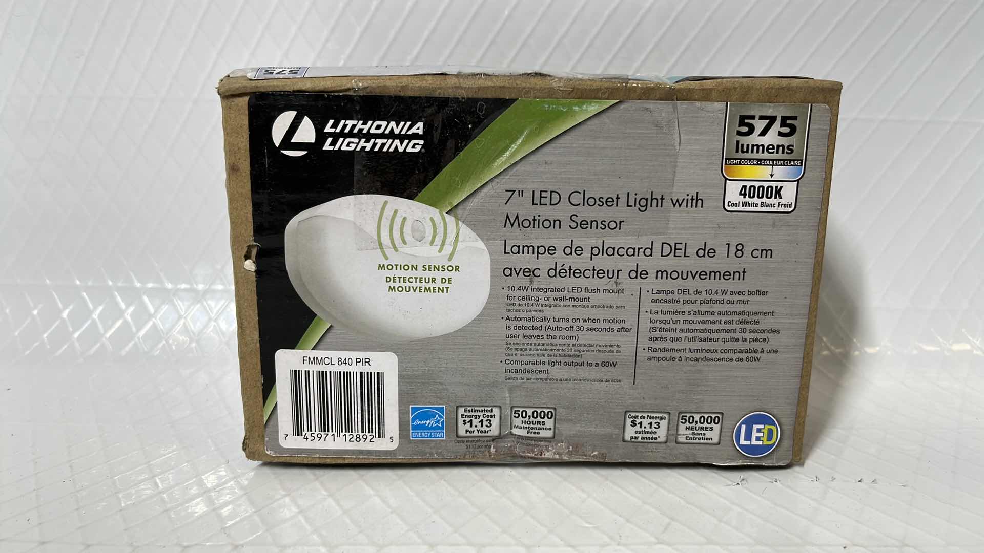 Photo 1 of LITHONIA LIGHTING 7” LED CLOSET LIGHT W MOTION SENSOR, 575 LUMENS, COOL WHITE (FMMCL 840 PIR)