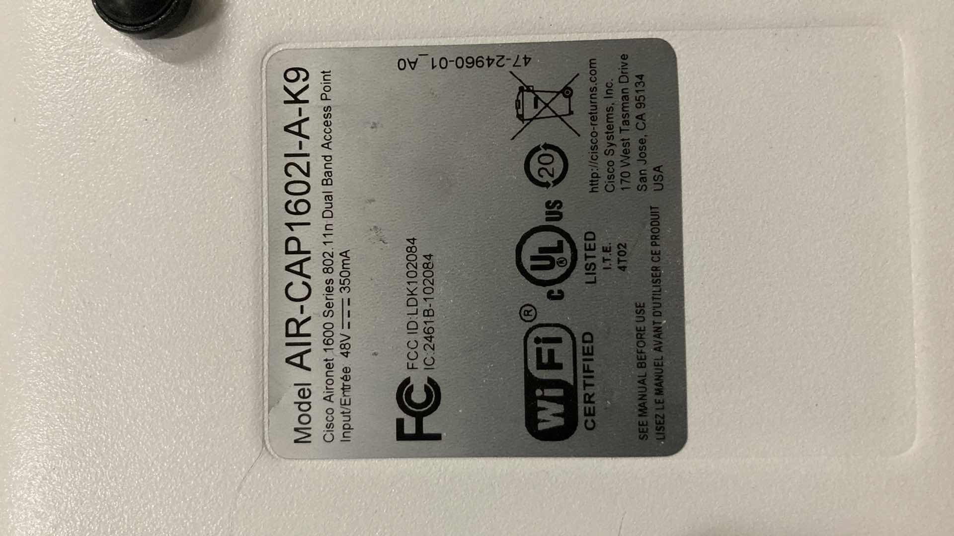 Photo 3 of CISCO AIRONET 1600 SERIES 300mbps DUAL BAND ACCESS POINT MODEL AIR-CAP16021-A-K9 (2)