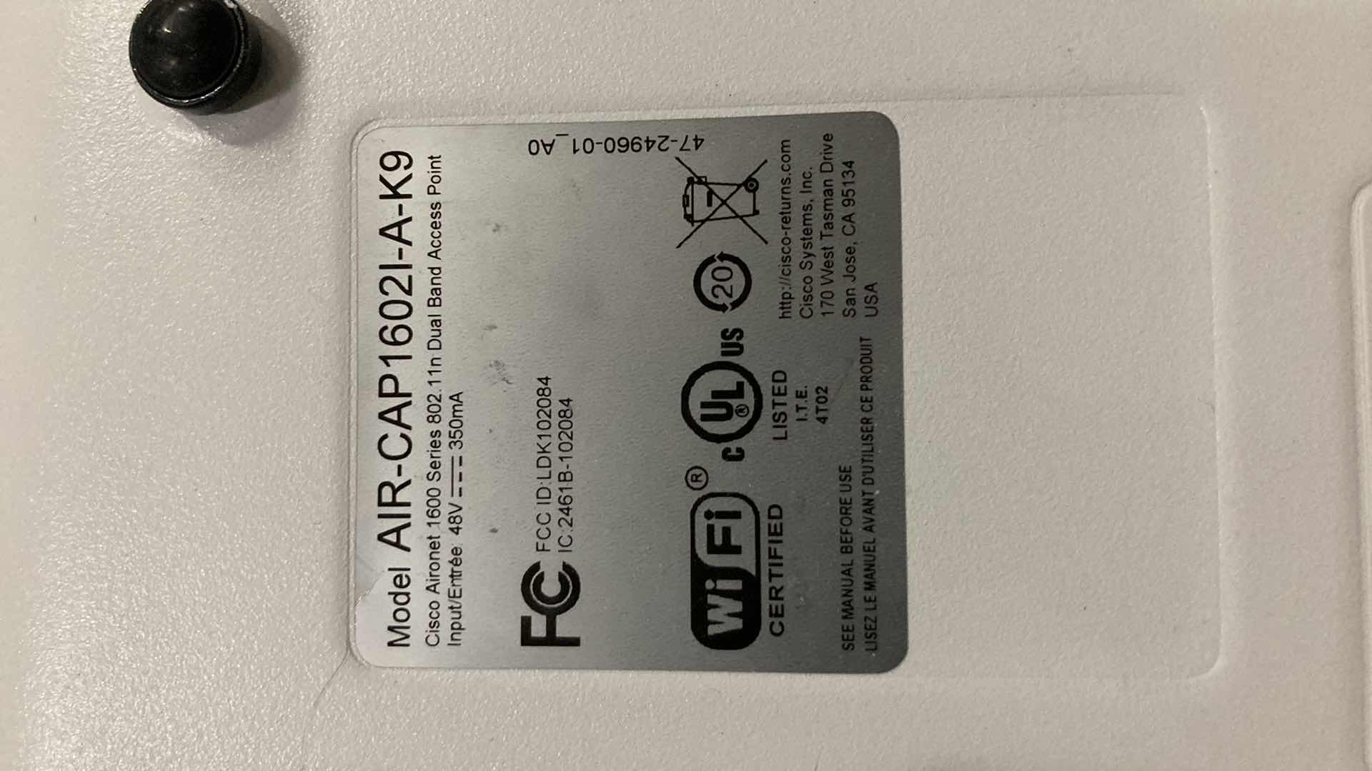 Photo 3 of CISCO AIRONET 1600 SERIES 300mbps DUAL BAND ACCESS POINT MODEL AIR-CAP16021-A-K9 (2)