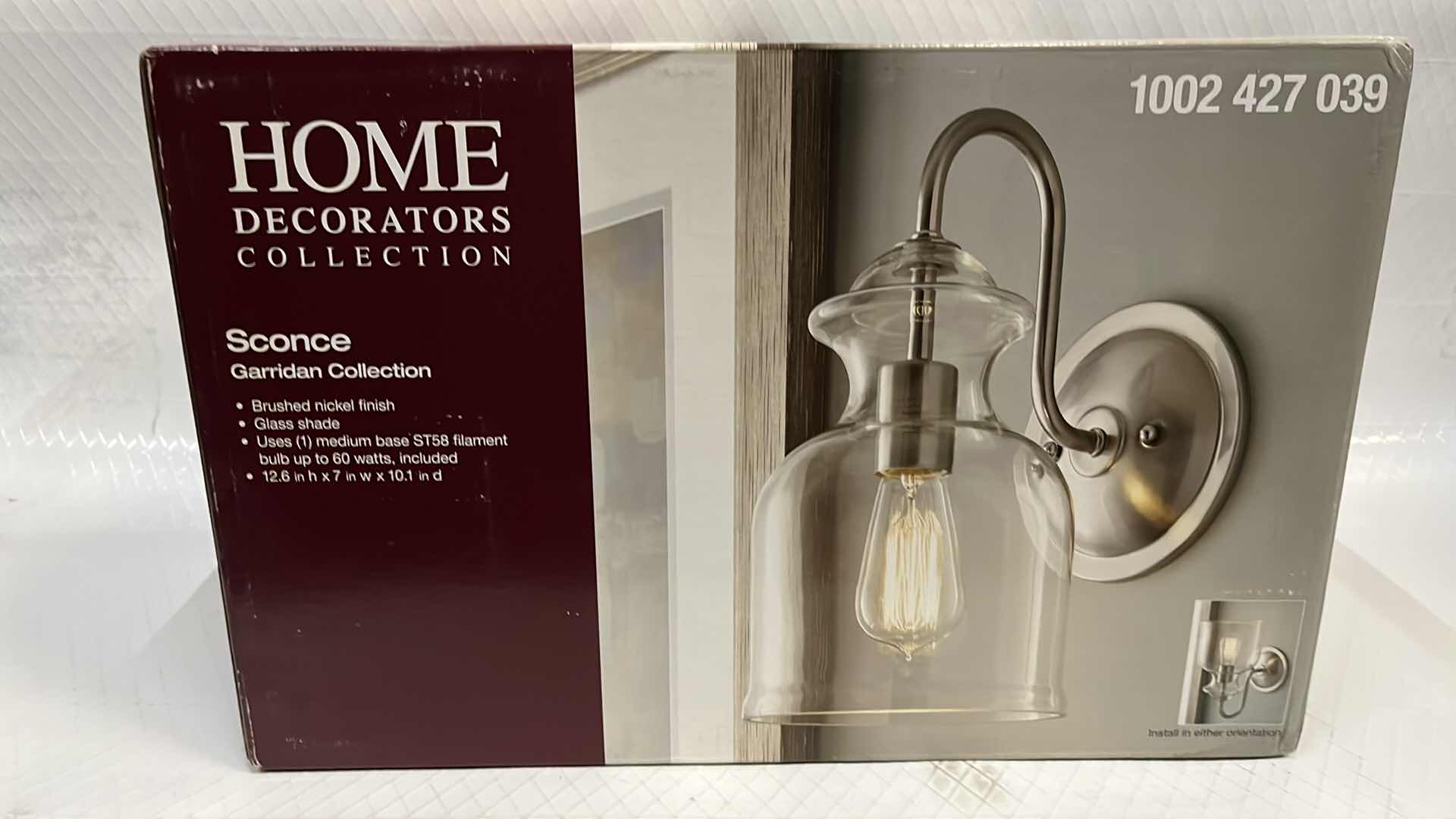 Photo 1 of NEW HOME DECORATORS COLLECTION GARRIDAN SCONCE, BRUSHED NICKEL FINISH W GLASS SHADE, 7” X 12.6”H (1002 427 039)