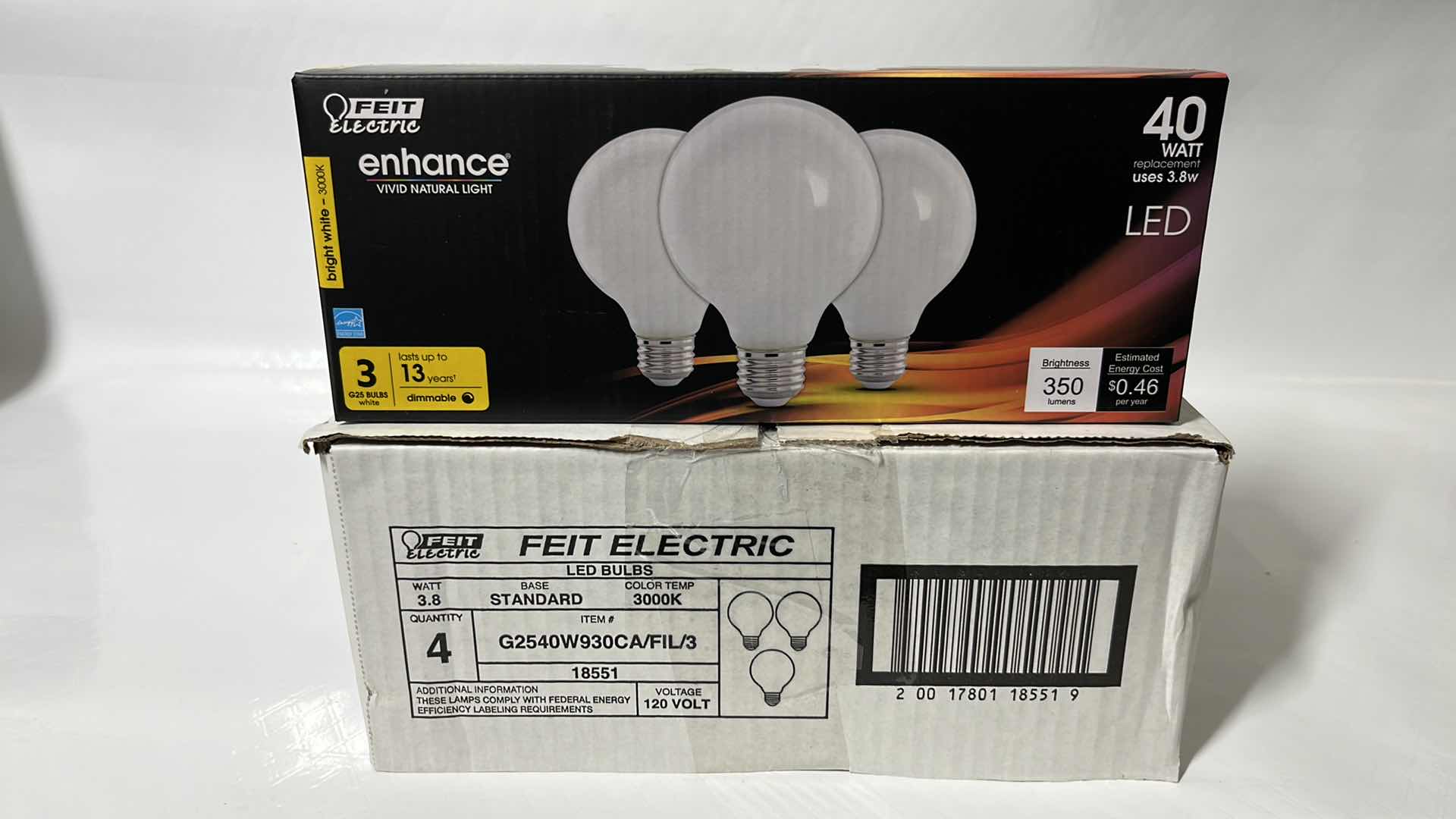 Photo 3 of 4- NEW FEIT ELECTRIC 40 WATT G25 LED DIMMABLE FILAMENT BULBS, BRIGHT WHITE 3000K, 3-PACK (G2540W930CA/FIL/3)