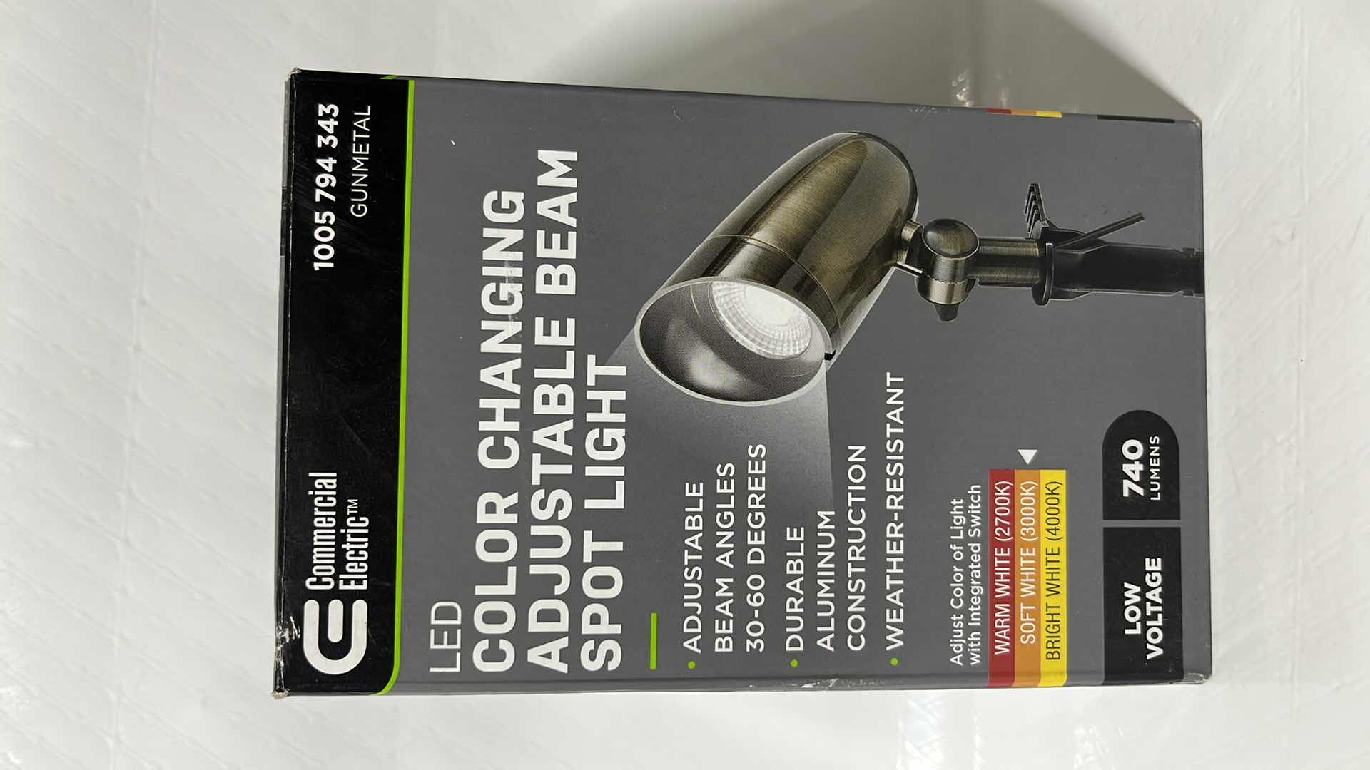 Photo 1 of NEW COMMERCIAL ELECTRIC LED COLOR CHANGING ADJUSTABLE BEAM SPOT LIGHT, 740 LUMENS, GUNMETAL FINISH (1005 794 343)