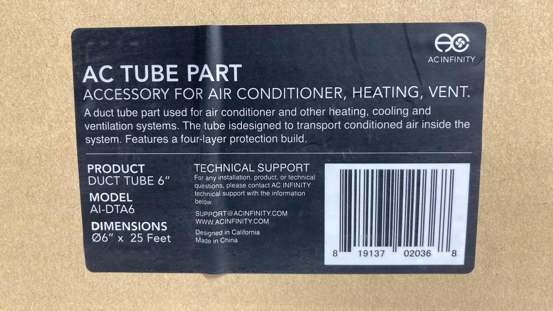 Photo 3 of NEW AC INFINITY AC TUBE PART ACCESSORY FOR AIR CONDITIONER HEATING VENT DUCT FILTER MODEL AI-DTA6 6” X 25’