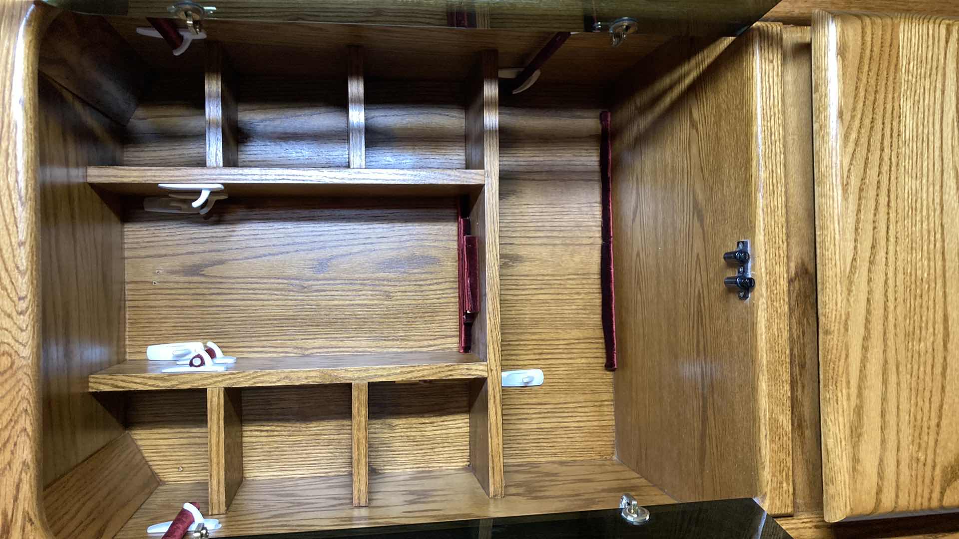 Photo 6 of ARBEK MID-CENTURY OAK SWIVEL JEWELRY CABINET W FULL BODY MIRROR,TINTED GLASS DOORS & 4 DRAWERS 24” X 17.5” H72”