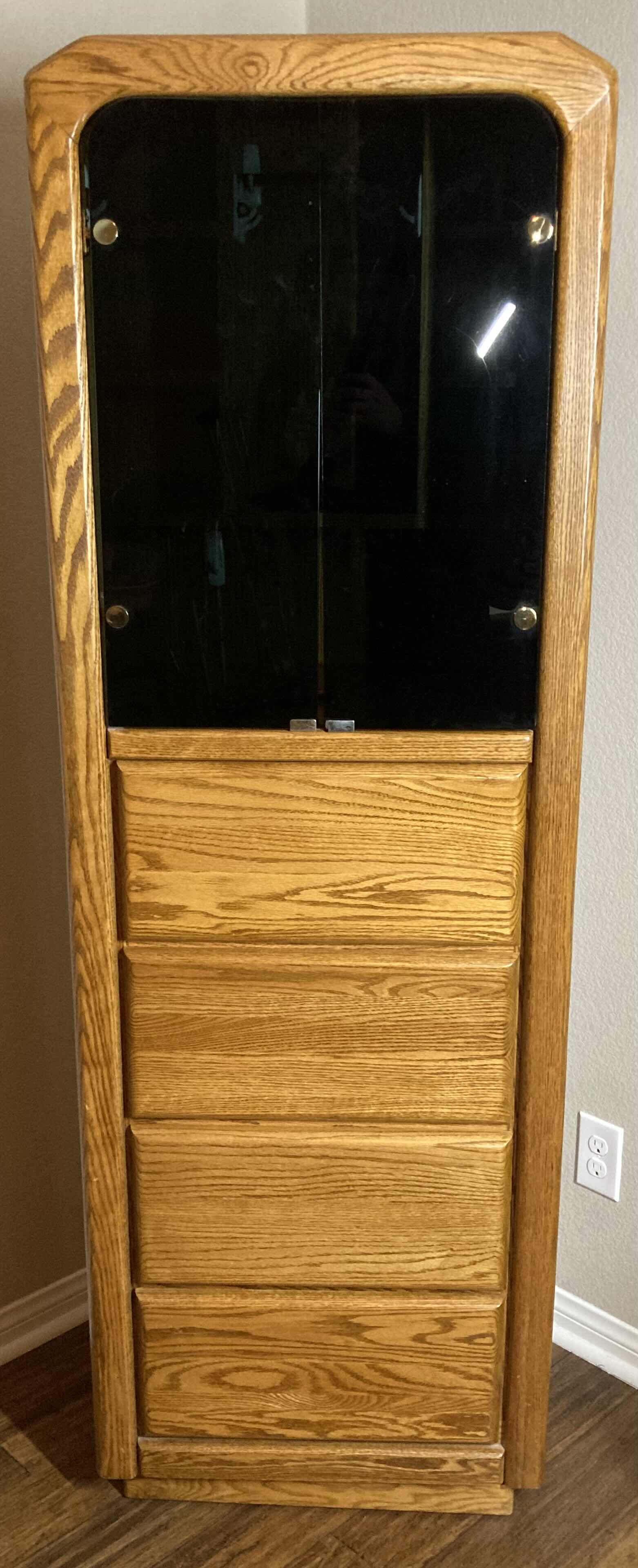 Photo 1 of ARBEK MID-CENTURY OAK SWIVEL JEWELRY CABINET W FULL BODY MIRROR,TINTED GLASS DOORS & 4 DRAWERS 24” X 17.5” H72”