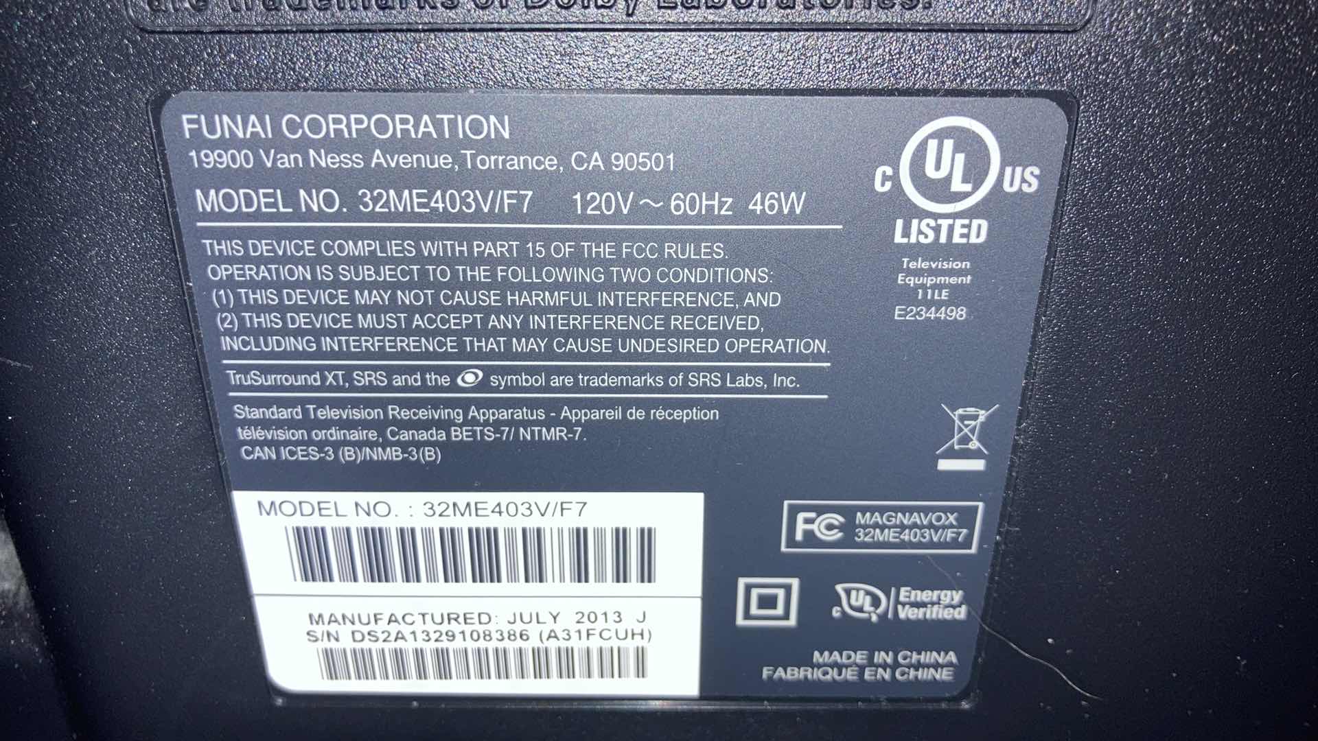Photo 4 of MAGNAVOX 32” SLIM LED TV MODEL 32ME403V/F7 W REMOTE & HDMI CABLE