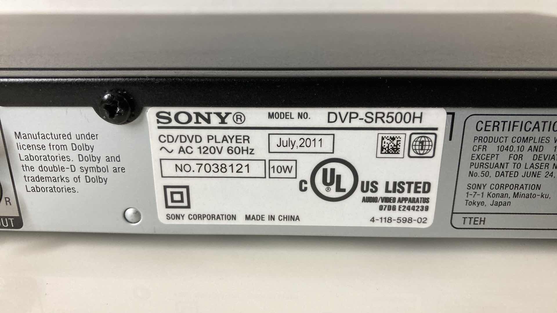 Photo 6 of SONY DVD PLAYER MODEL DVP-SR500H W REMOTE & HDMI CABLE