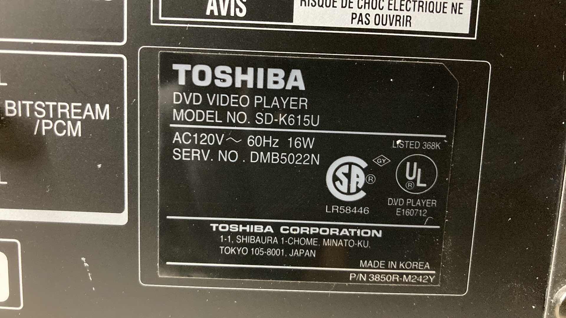 Photo 5 of TOSHIBA DVD/CD 5 DISC CAROUSEL PLAYER MODEL SD-K-615 W COMPONENT CABLE