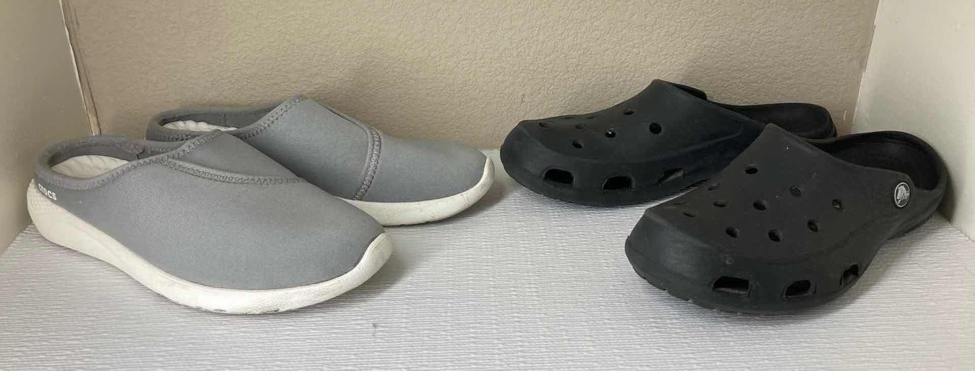 Photo 1 of CROCS BLACK RUBBER SLIP ONS WOMENS SIZE 7 & CROCS GRAY/WHITE LITE RIDE SLIP ONS WOMENS SIZE 7