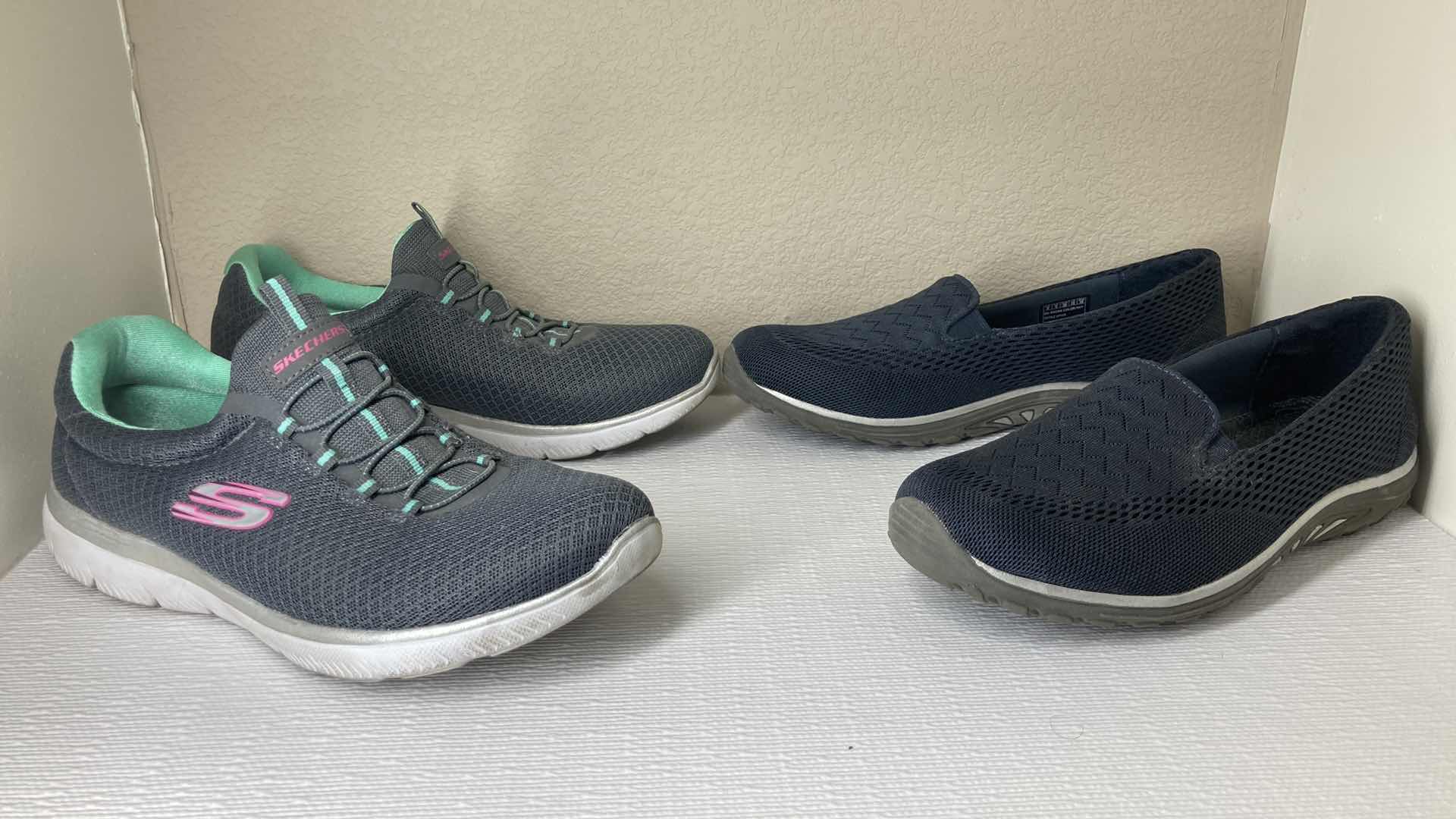 Photo 1 of SKECHERS GRAY/GREEN RUNNING SHOES WOMENS SIZE 8 & SKECHERS BLUE SLIP ONS SIZE 9