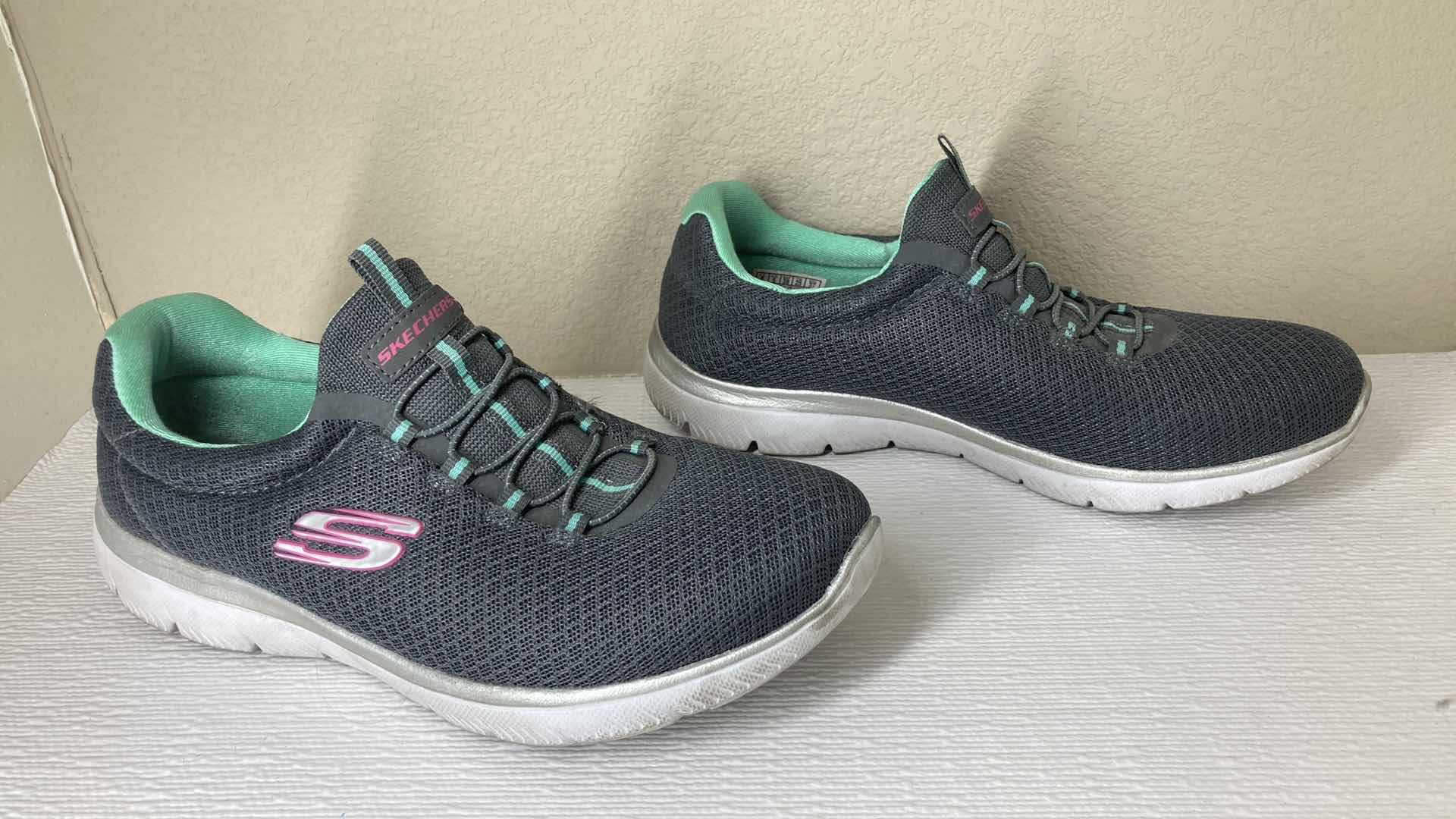 Photo 4 of SKECHERS GRAY/GREEN RUNNING SHOES WOMENS SIZE 8 & SKECHERS BLUE SLIP ONS SIZE 9