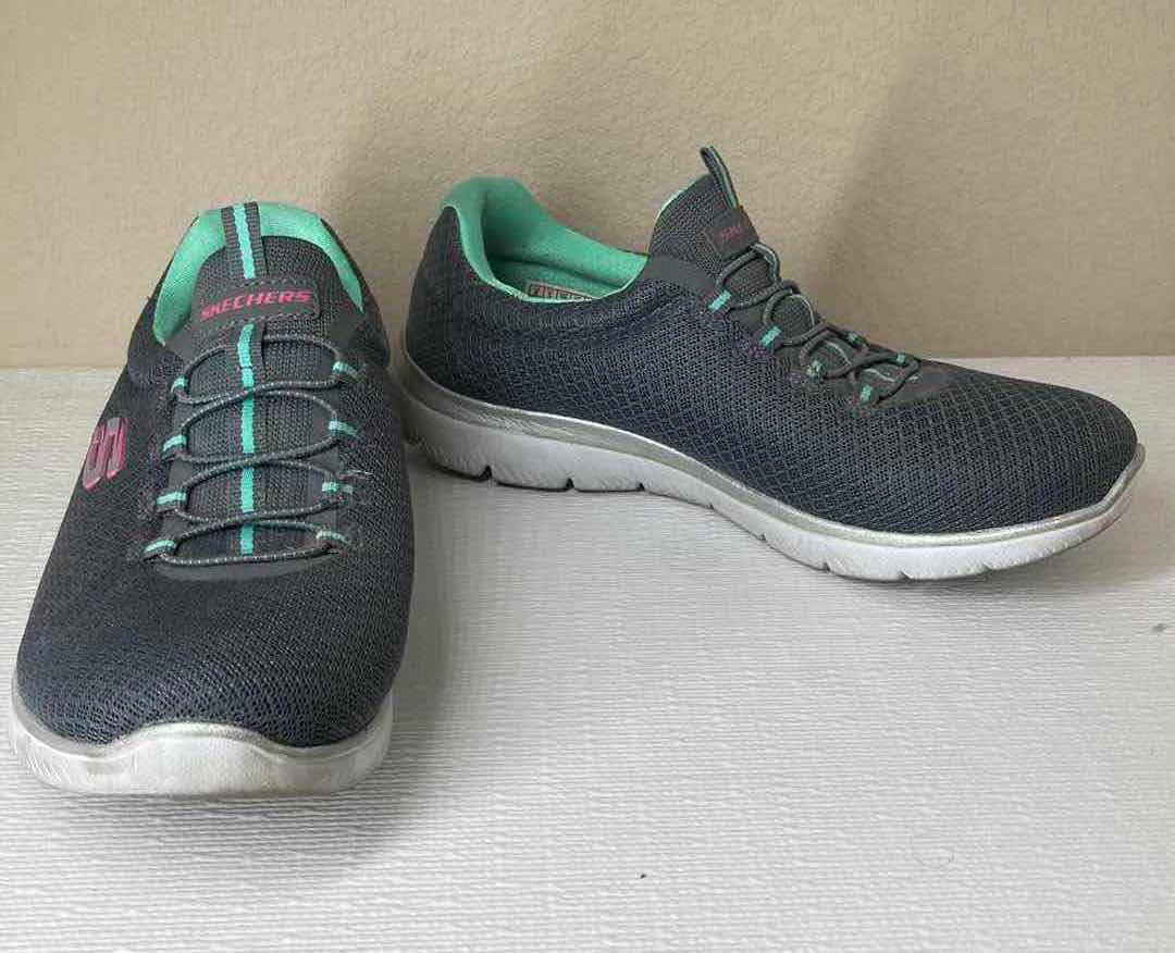 Photo 2 of SKECHERS GRAY/GREEN RUNNING SHOES WOMENS SIZE 8 & SKECHERS BLUE SLIP ONS SIZE 9