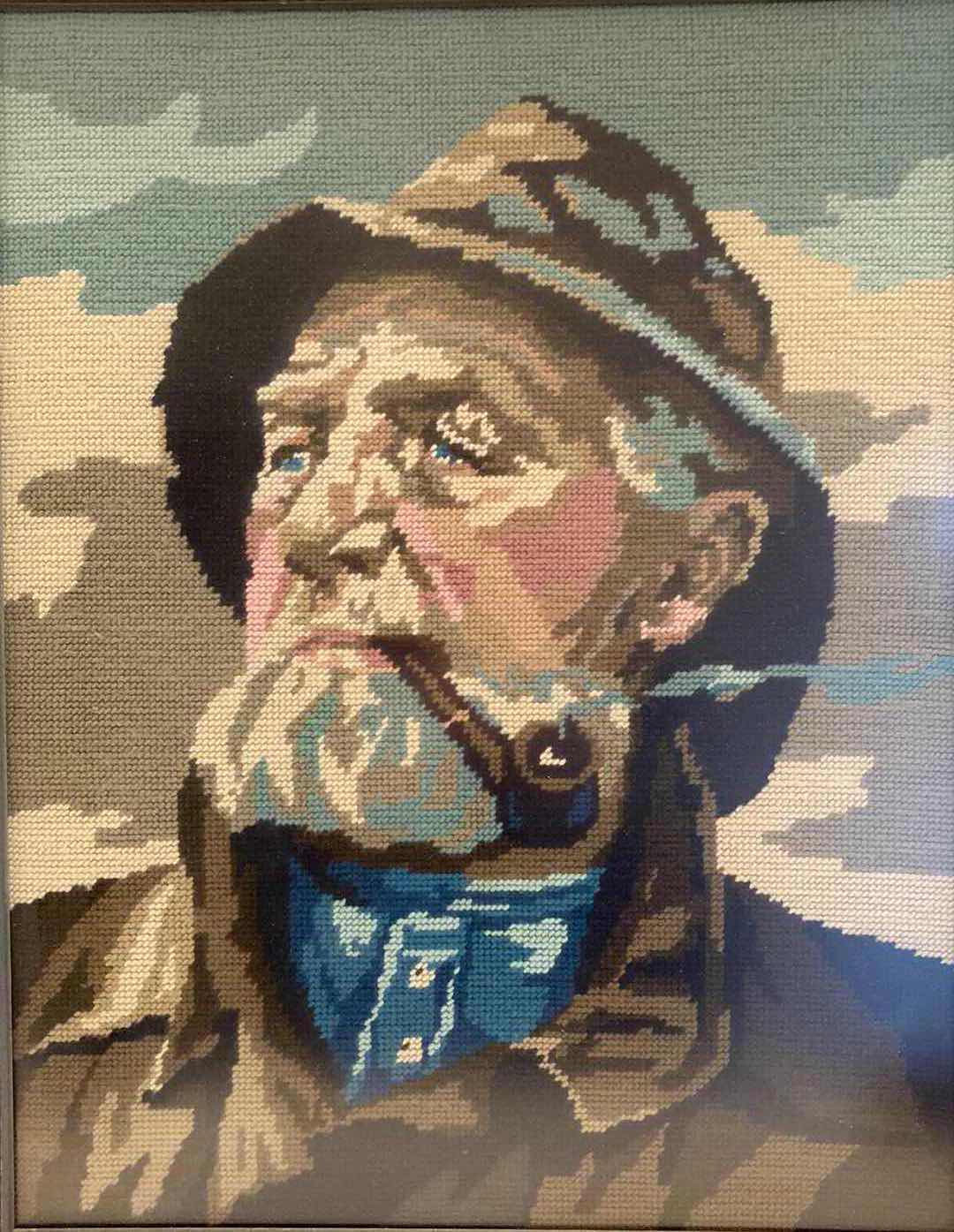 Photo 2 of NEEDLE POINT FISHERMAN PORTRAIT EMBROIDERY CROSS STITCH FRAMED ARTWORK BY LOCAL ARTIST 1978 18” X 22”