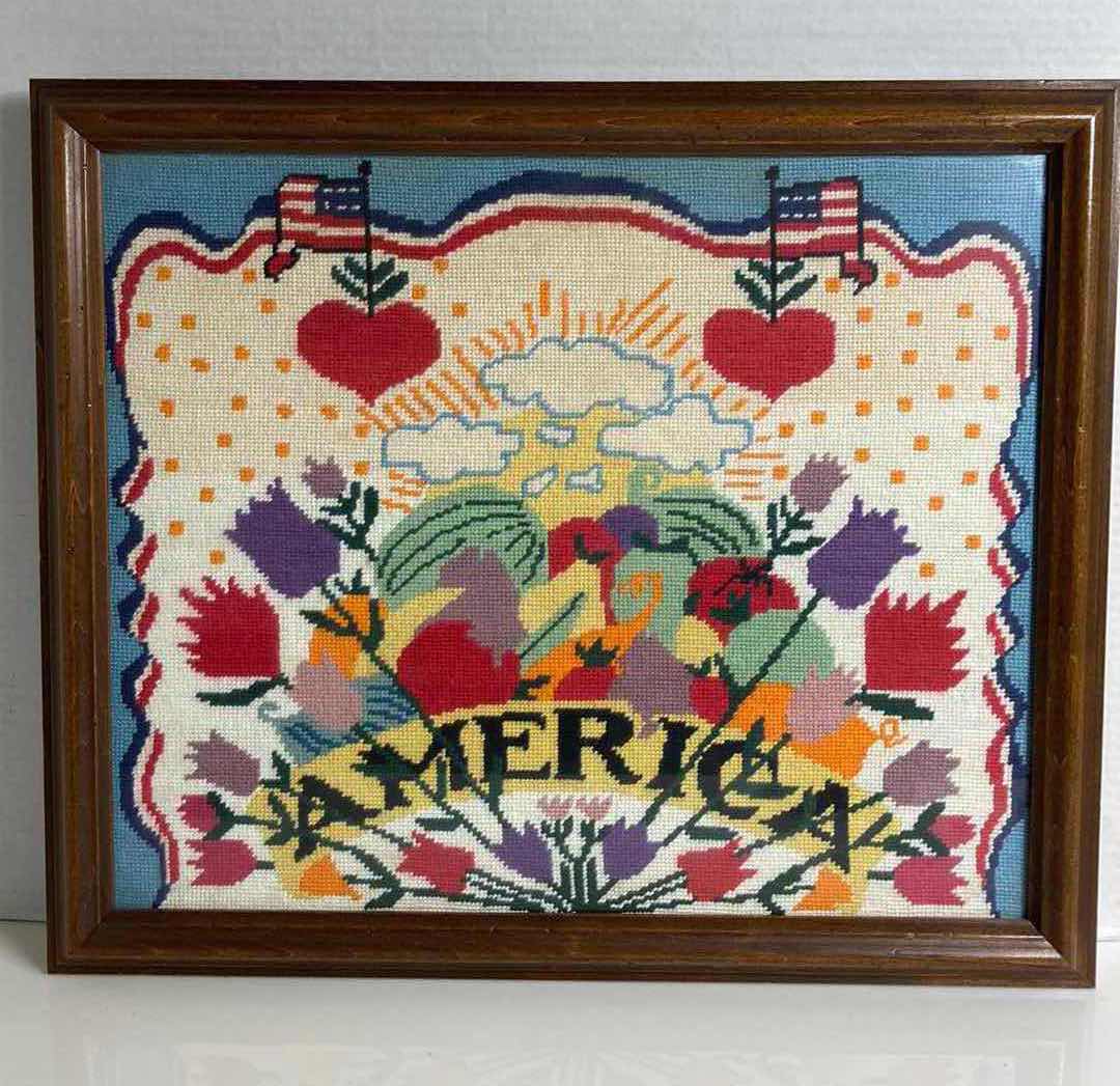 Photo 1 of AMERICAN FRUIT & FLORAL EMBROIDERY CROSS STITCH FRAMED ARTWORK BY LOCAL ARTIST 19.25” X 16.75”