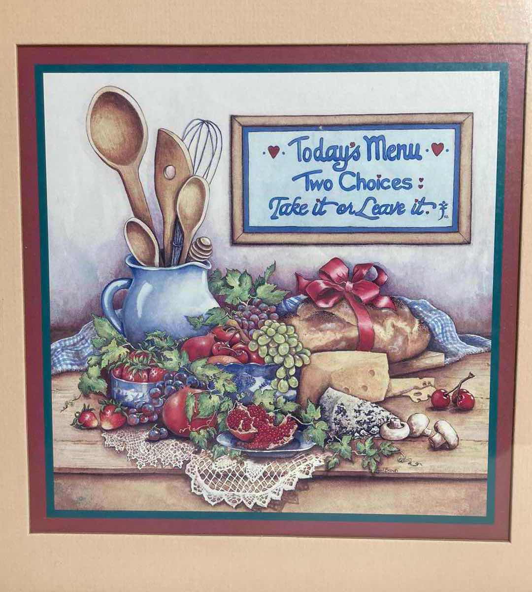 Photo 2 of TODAY’S MENU TWO CHOICES TAKE IT OR LEAVE IT FRAMED ARTWORK BY GAIL BROWN 11.5” X 11.5”