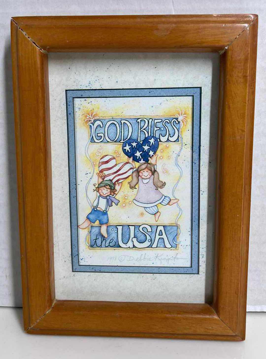 Photo 1 of GOD BLESS AMERICA FRAMED ARTWORK BY DEBBIE KINGSTON 1991 5.25” X 7.25”