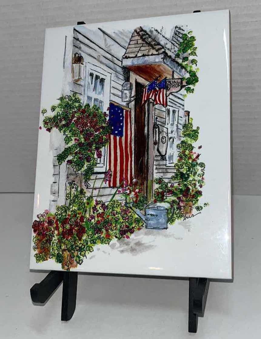Photo 2 of CERAMIC AMERICAN COLONIAL SHOP 6” X 8” HOT PLATE W EASEL & 8” FLAG PITCHER