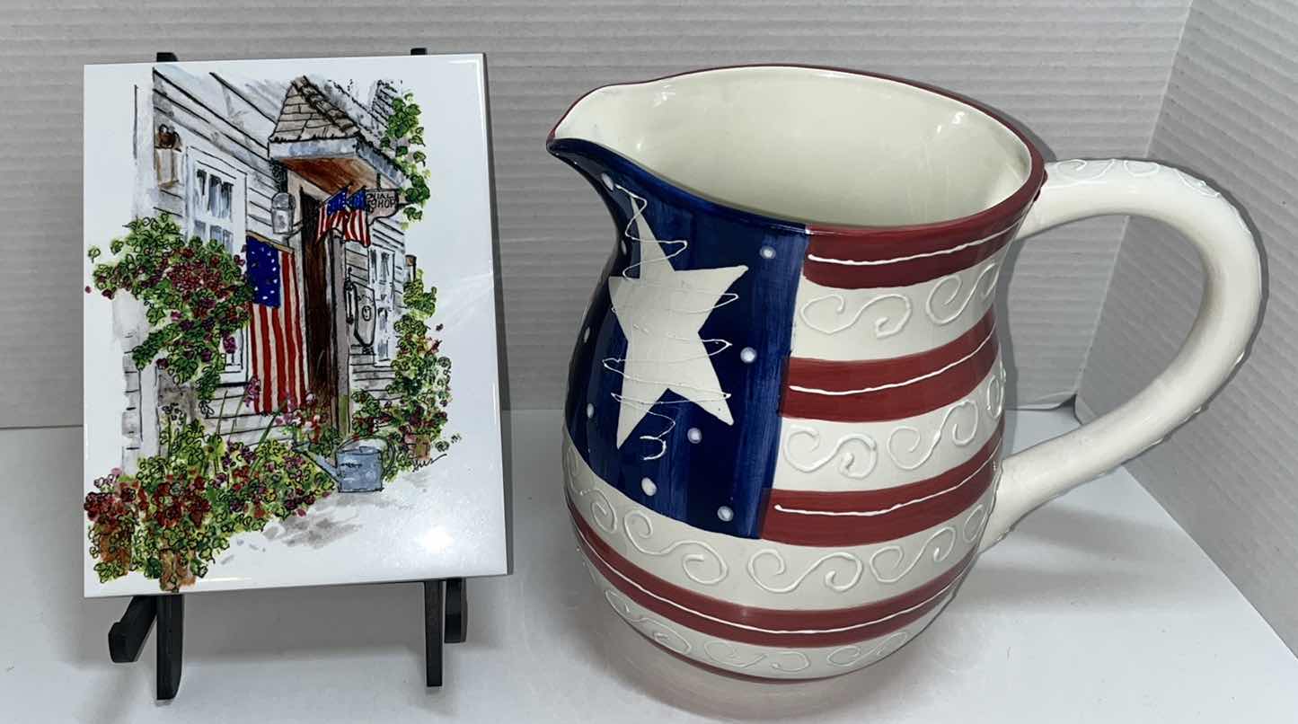Photo 1 of CERAMIC AMERICAN COLONIAL SHOP 6” X 8” HOT PLATE W EASEL & 8” FLAG PITCHER
