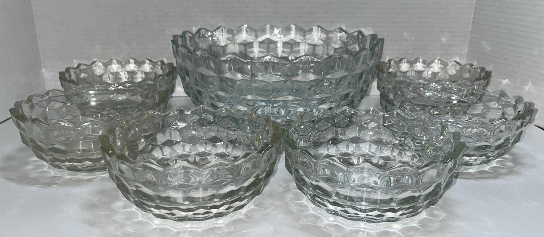 Photo 1 of VINTAGE 9" FOSTORIA AMERICAN CLEAR GLASS SERVING BOWL & 5” DESSERT BOWLS