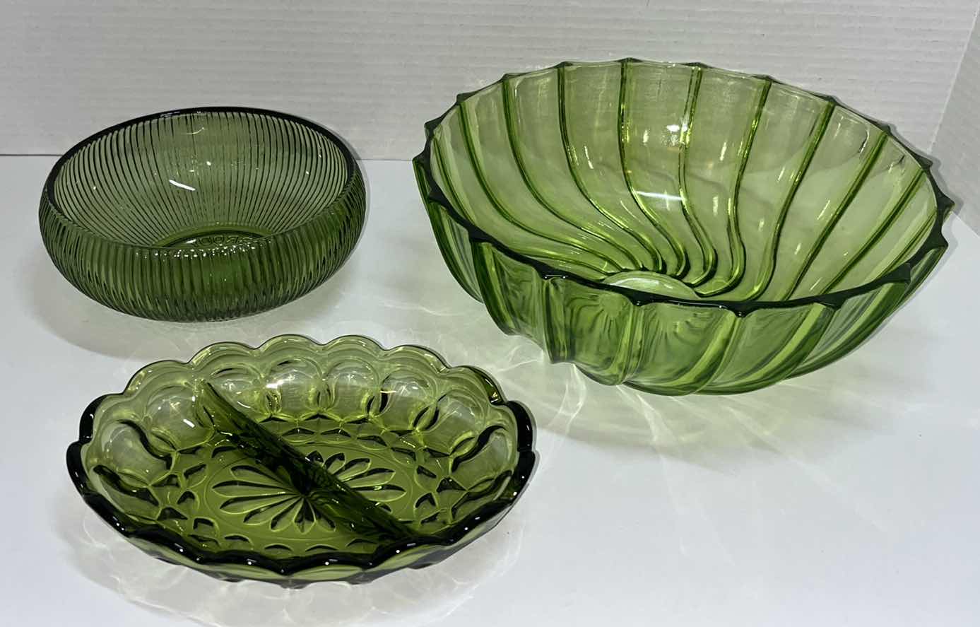 Photo 1 of VINTAGE GREEN GLASS BOWLS (3)