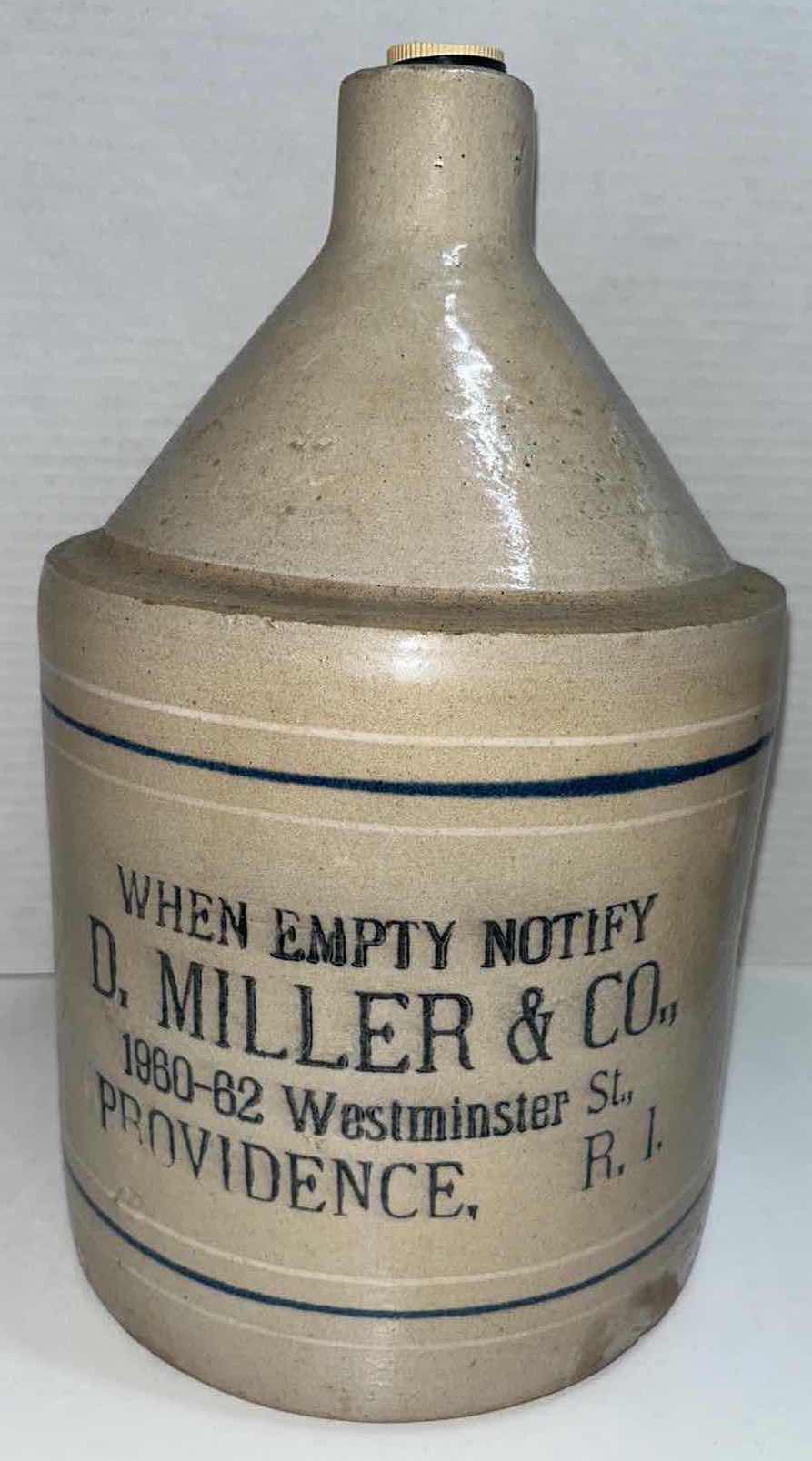 Photo 2 of ANTIQUE ADVERTISING CROCK JUG FROM D. MILLER & CO 1960-62 7” X 7” H12”, VINTAGE STONEWARE CROCK PITCHER H4.75” & STONEWARE CROCK JAR H5.25”