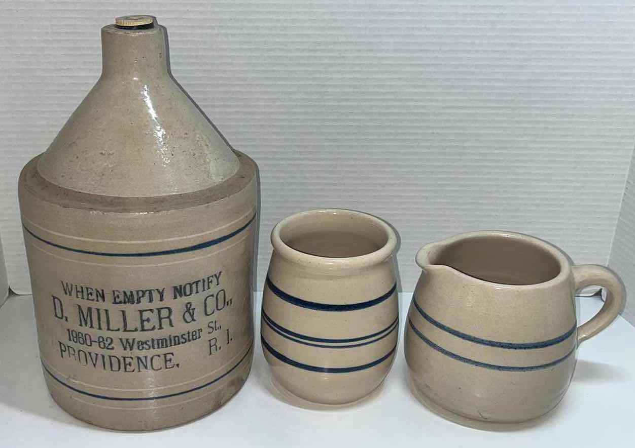 Photo 1 of ANTIQUE ADVERTISING CROCK JUG FROM D. MILLER & CO 1960-62 7” X 7” H12”, VINTAGE STONEWARE CROCK PITCHER H4.75” & STONEWARE CROCK JAR H5.25”