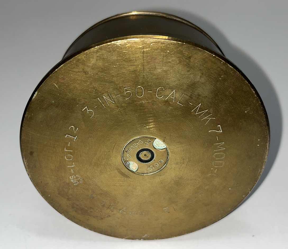 Photo 5 of VINTAGE MILITARY TRENCH ART BRASS 50 CAL SHELL, 1947