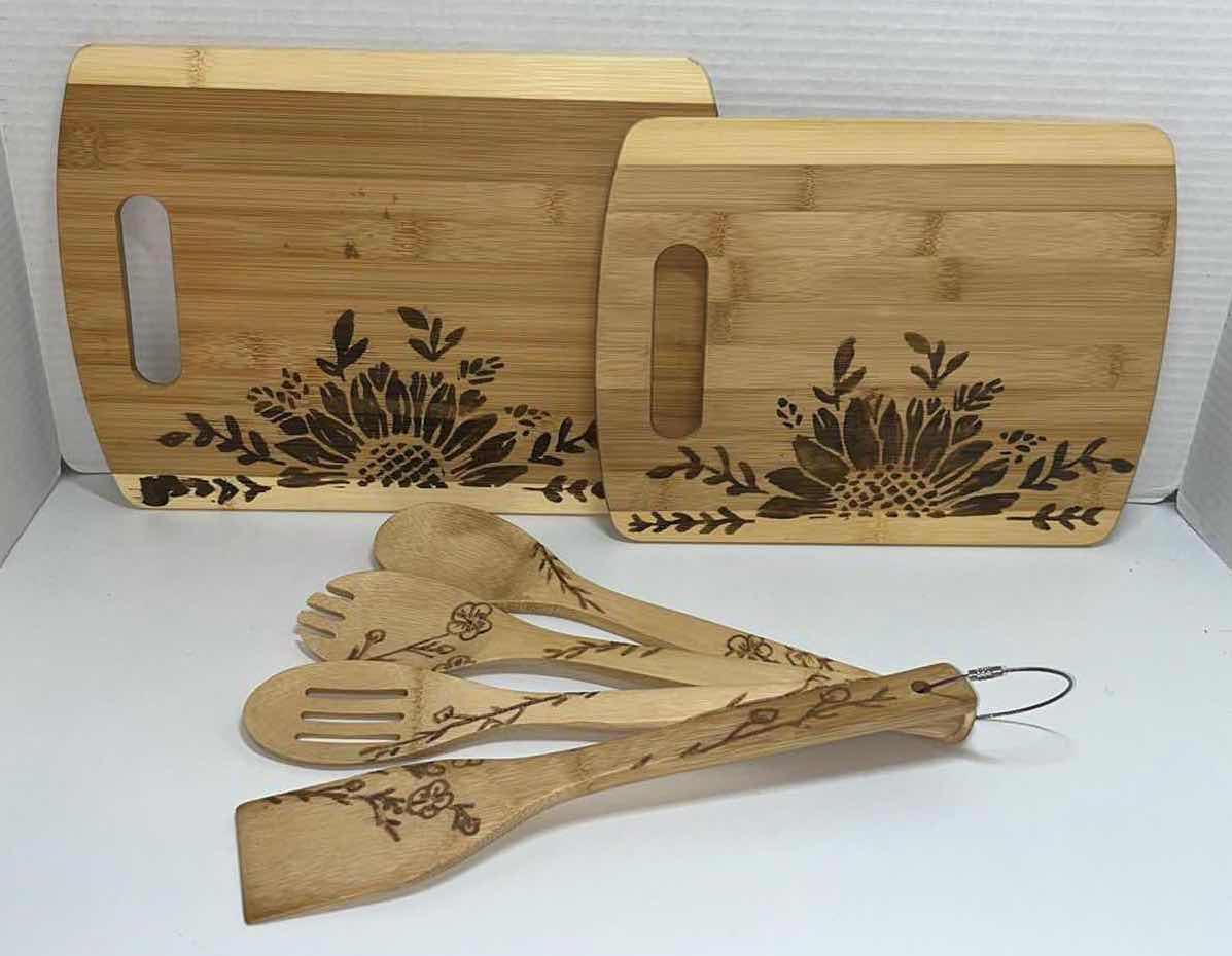 Photo 1 of SUNFLOWER CUTTING BOARDS & ENGRAVED SET OF COOKING UTENSILS