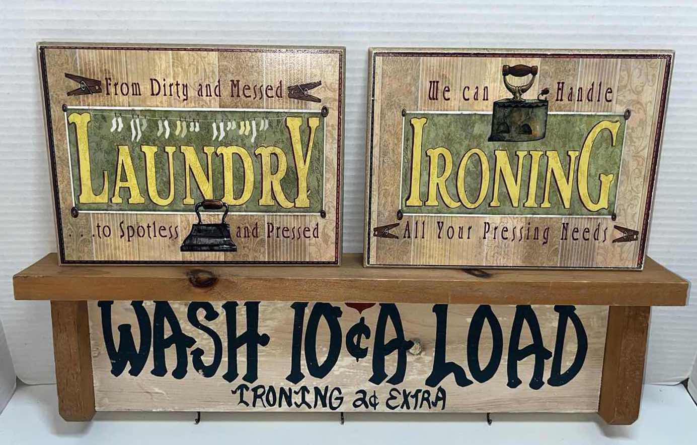 Photo 1 of LAUNDRY ROOM DECOR, SHELF W HOOKS & HANGING SIGNS (2)