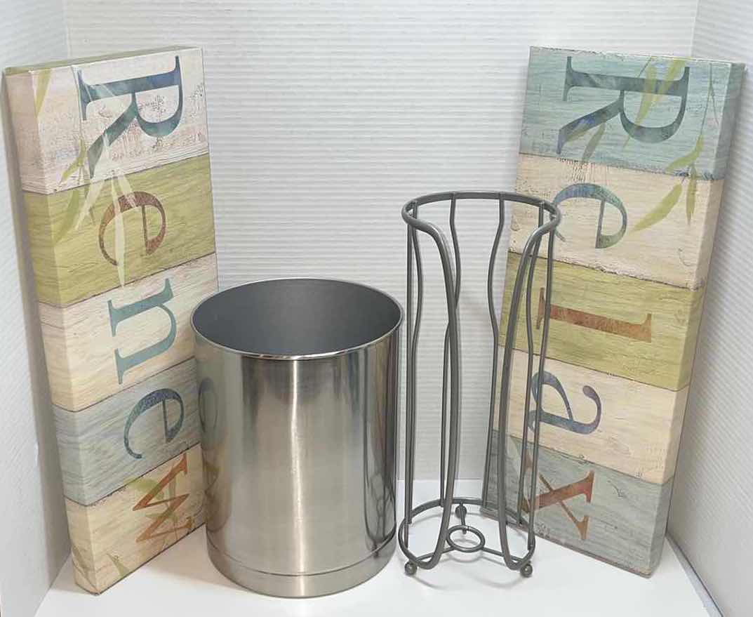 Photo 1 of BATHROOM METAL WASTEBASKET & TOILET PAPER HOLDER, W DECORATIVE HANGING SIGNS (2)