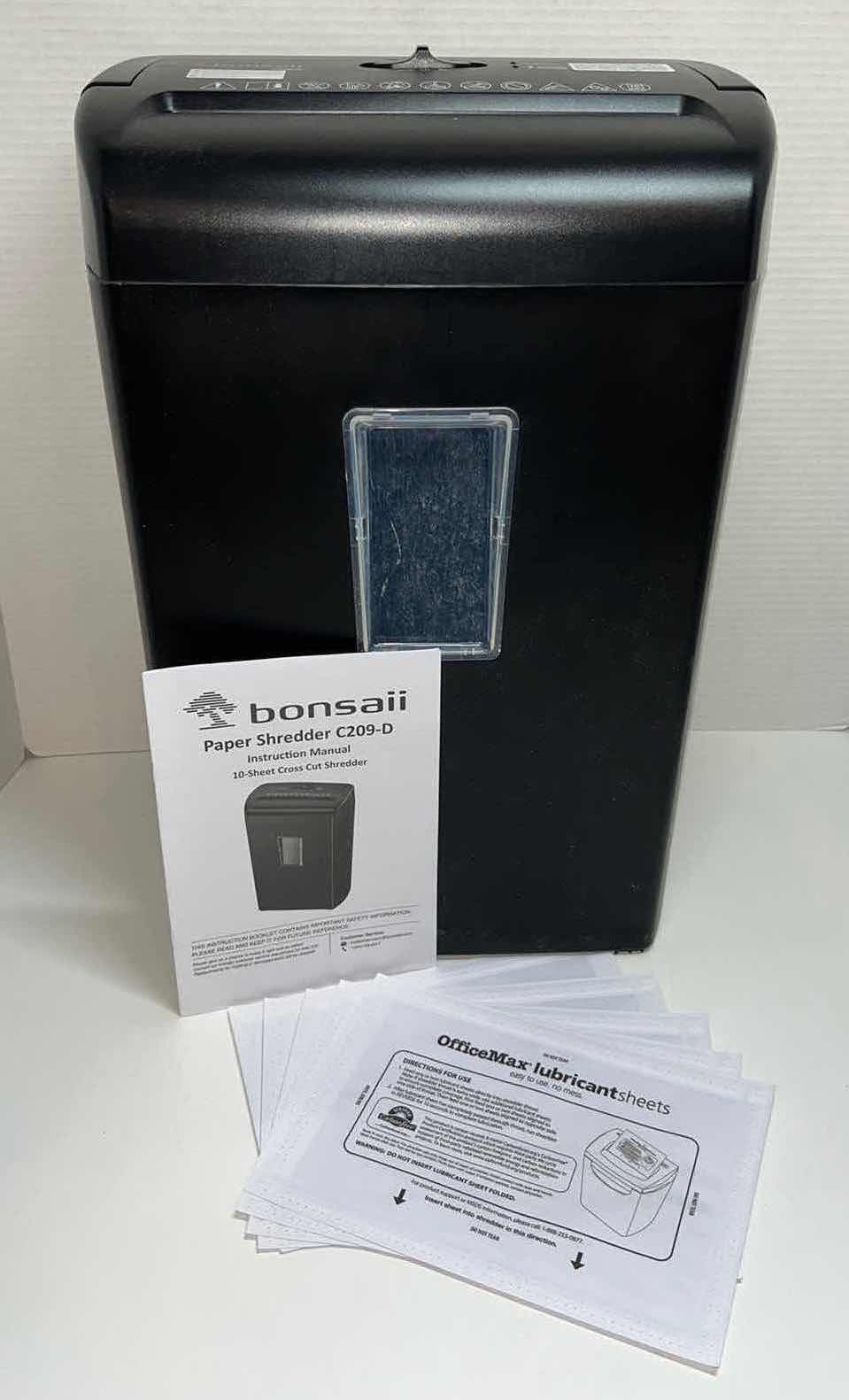 Photo 1 of BONSAII PAPER SHREDDER, 10-SHEET CROSS CUT SHREDDER W INSTRUCTION MANUAL & 5 LUBRICANT SHEETS, MODEL C209-D