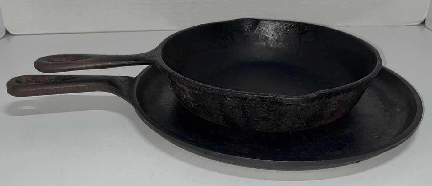 Photo 1 of LODGE USA 90G 10.5” CAST IRON ROUND GRIDDLE FLAT SKILLET PAN & 8 1/8” SKILLET (2)