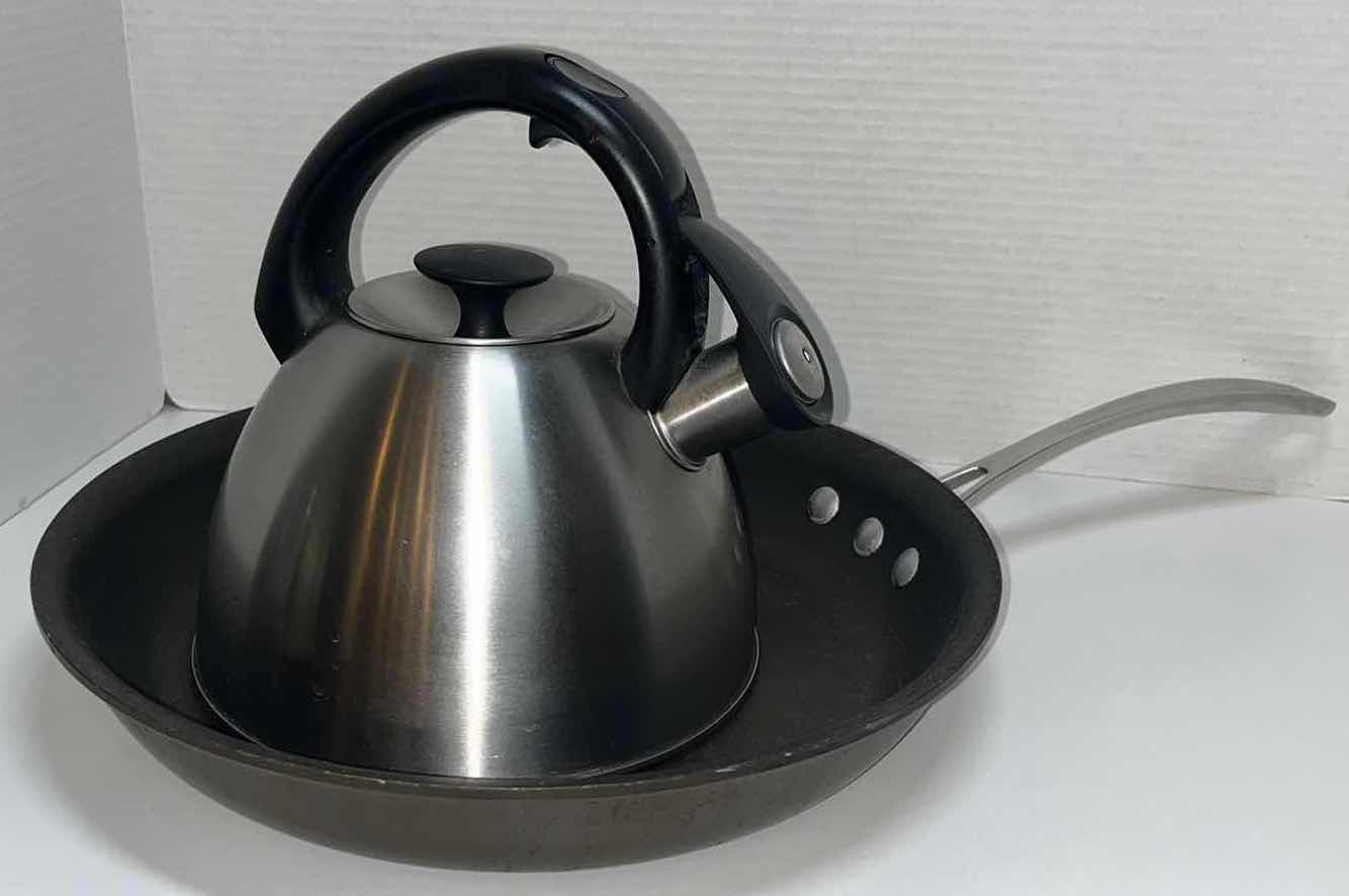 Photo 1 of CALPHALON 12” SKILLET & OXO CLICK CLICK 2.1 QT STAINLESS STEEL KETTLE POT