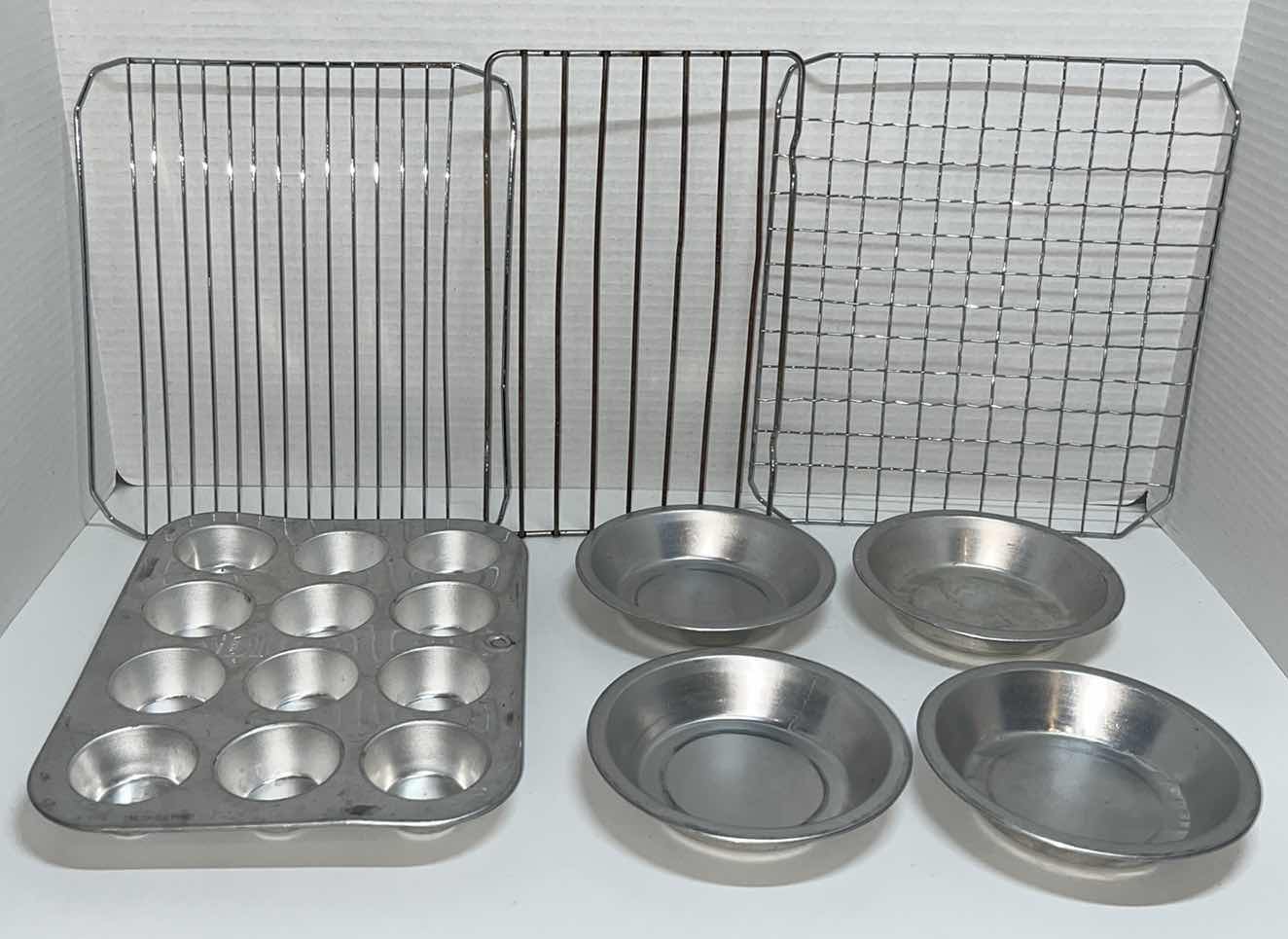 Photo 1 of ALUMINUM 12 CT MINI CUPCAKE PAN, 4.25” MINI PIE PANS (4) & WIRE COOLING RACKS (3)