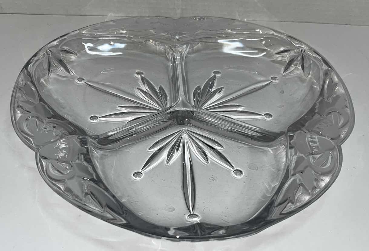 Photo 3 of 12” GLASS SERVING PLATTERS W FLOWER (2) & HOLIDAY GLASS DIVIDED SERVING  PLATTER (1)