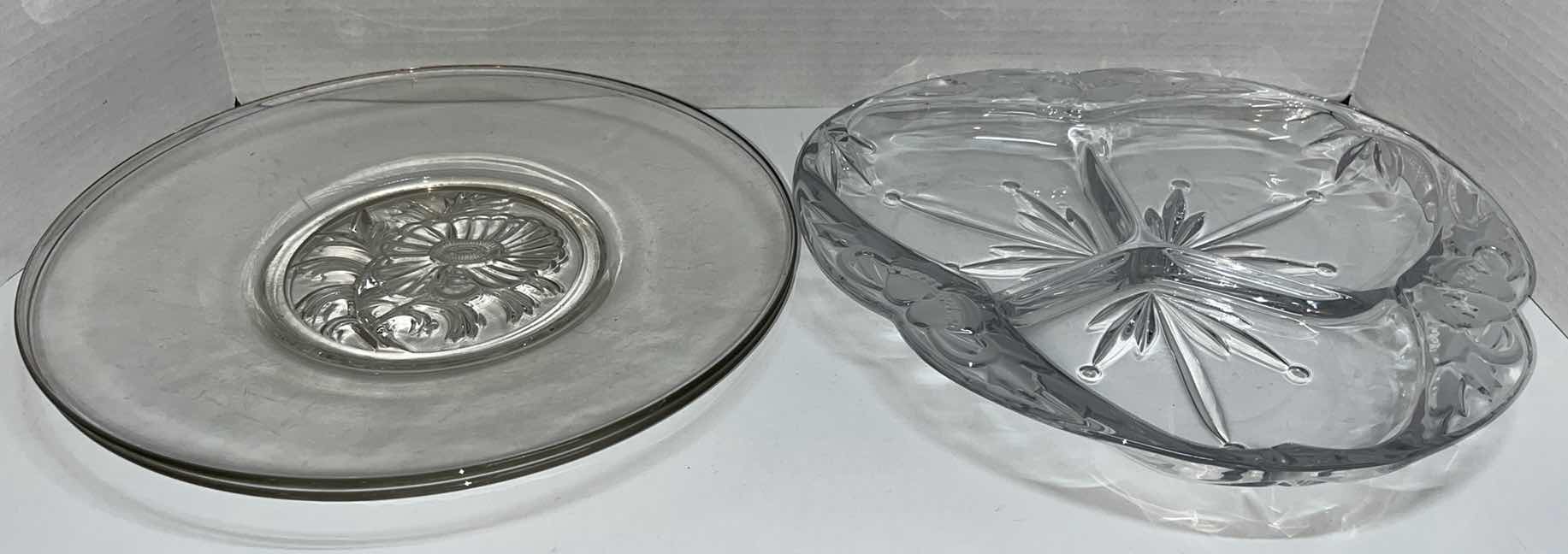 Photo 1 of 12” GLASS SERVING PLATTERS W FLOWER (2) & HOLIDAY GLASS DIVIDED SERVING  PLATTER (1)